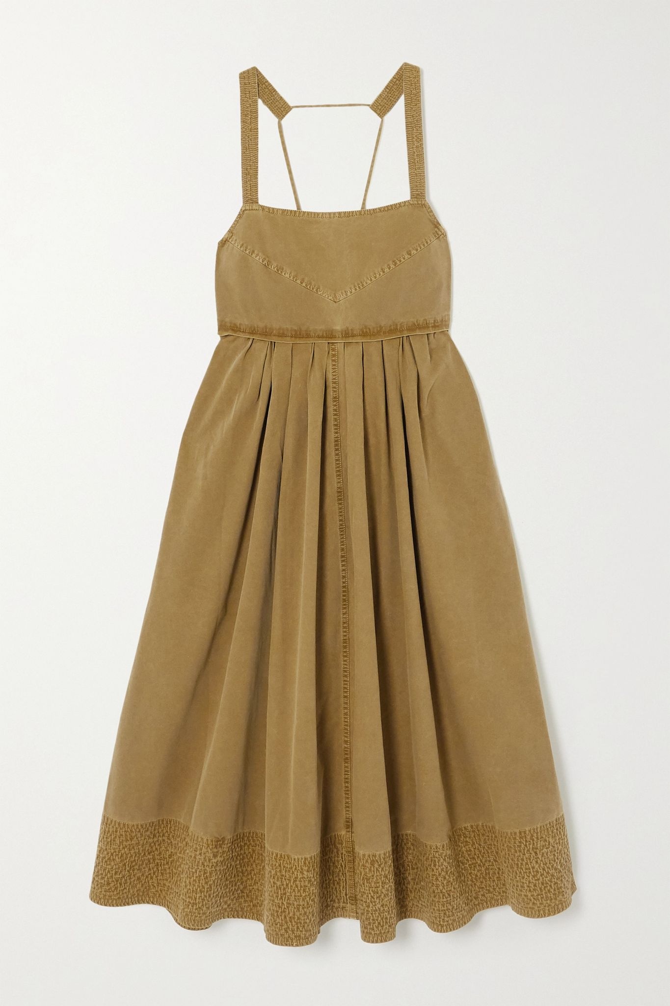 Tie-detailed pleated washed cotton-canvas midi dress - 1