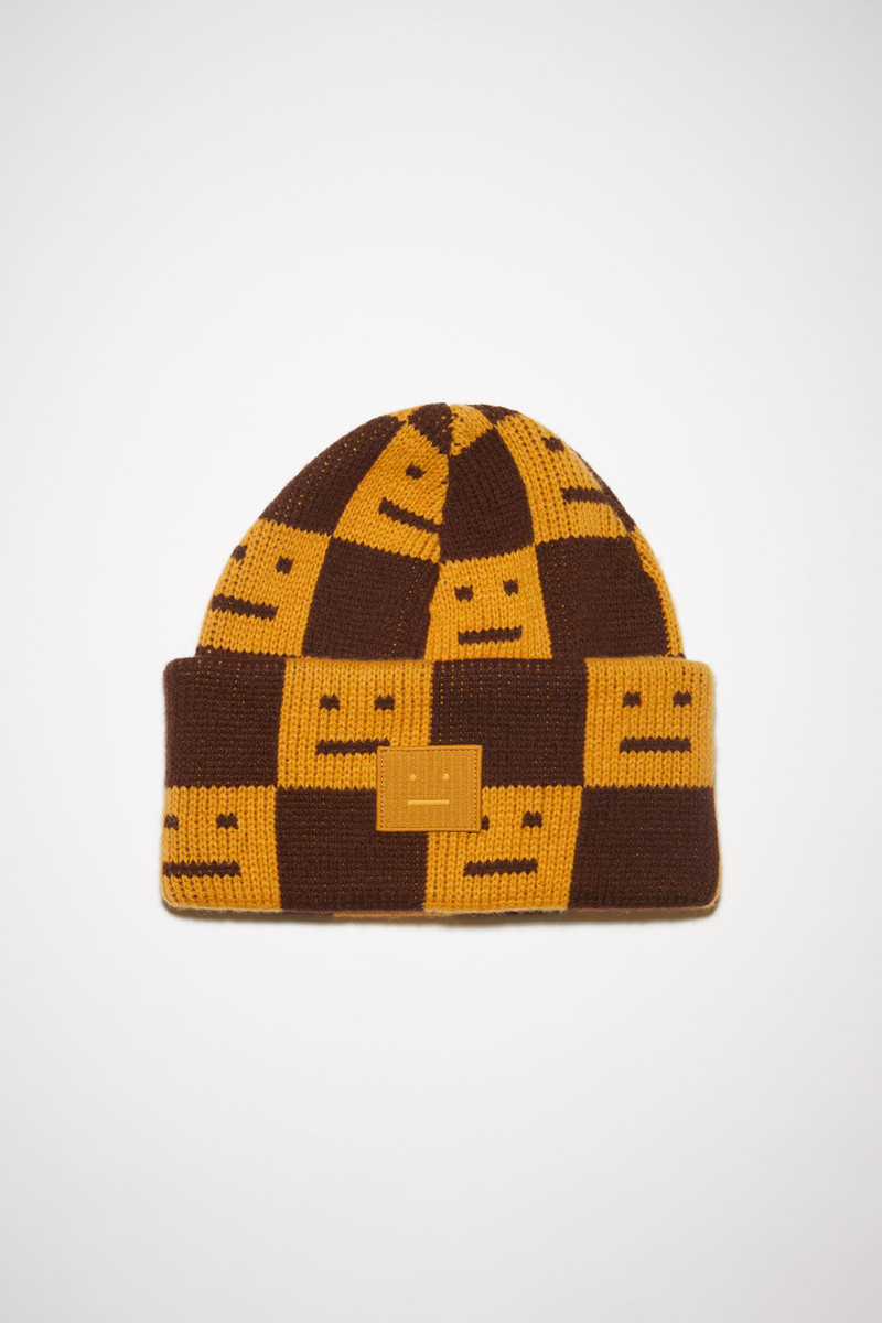 Jacquard knit beanie hat - Ochre orange/coffee brown 1