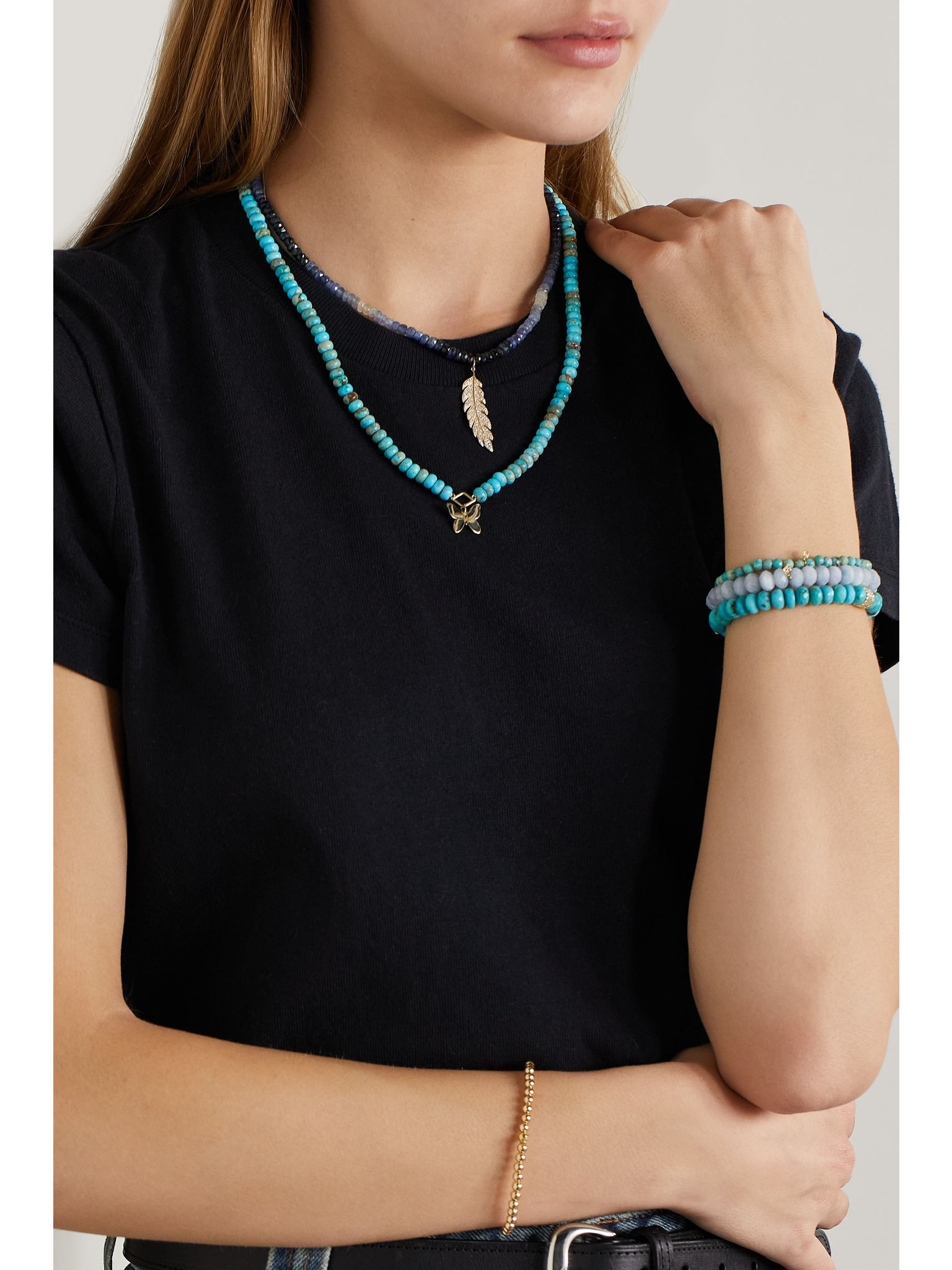 Large Feather 14-karat gold, rondelle and diamond necklace Gold - 4