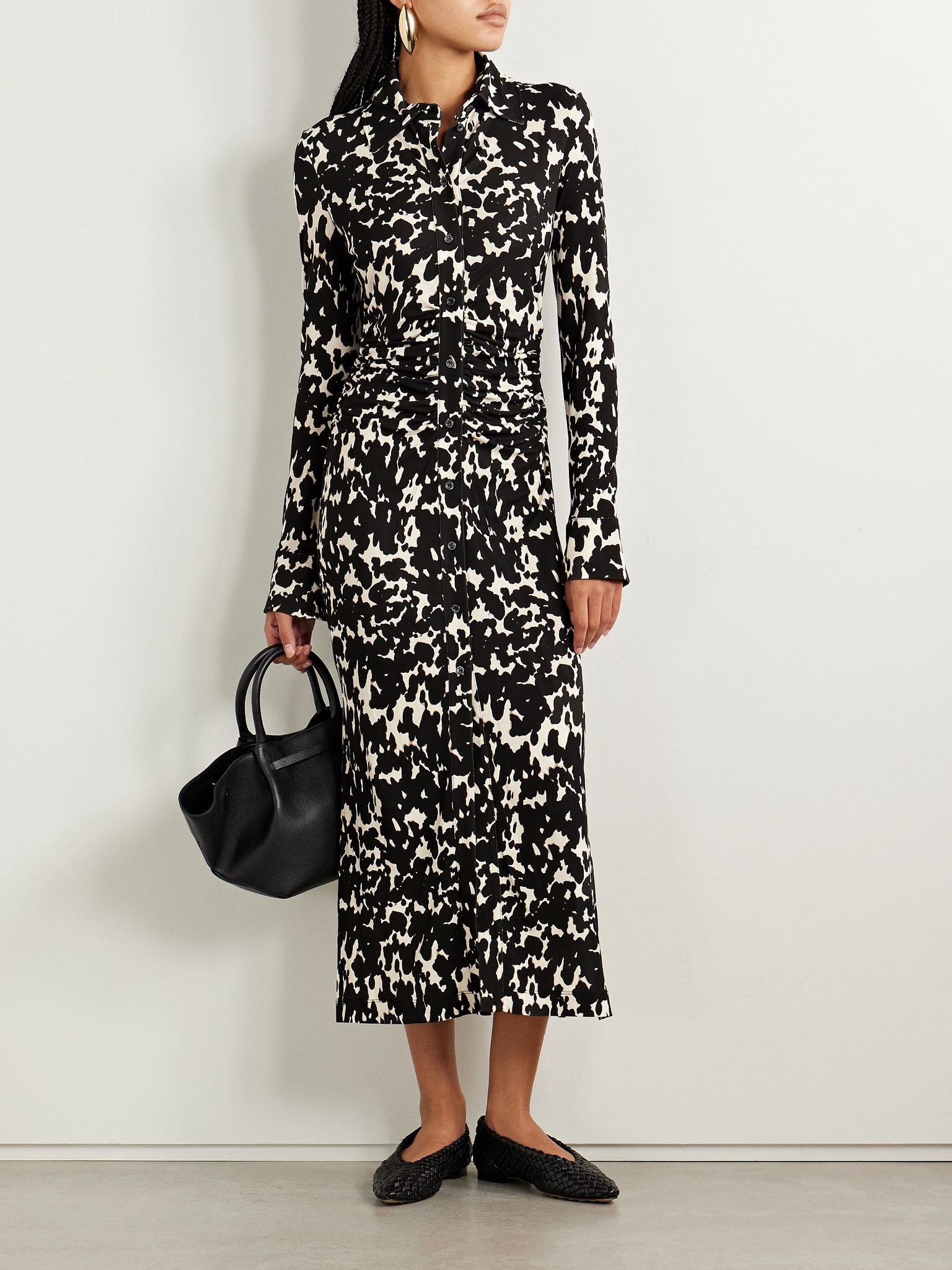 Claudia ruched printed crepe-jersey midi dress Black - 2