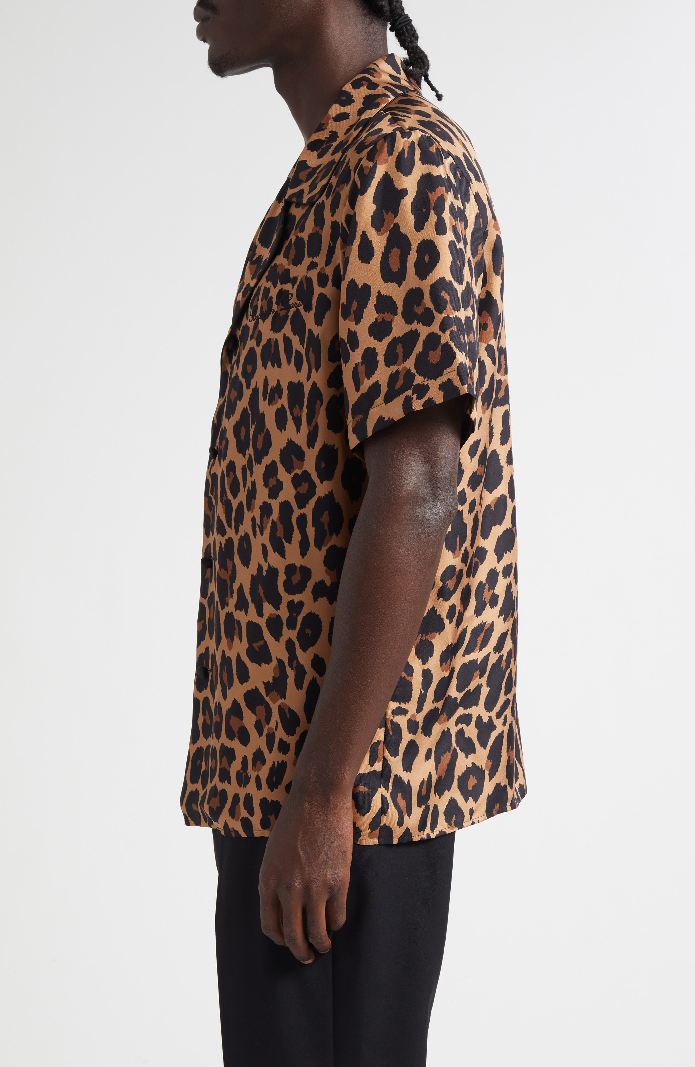 Balmain Leopard Print Silk Button-Up Pyjama Shirt in Gba Beige/Black at Nordstrom - 3