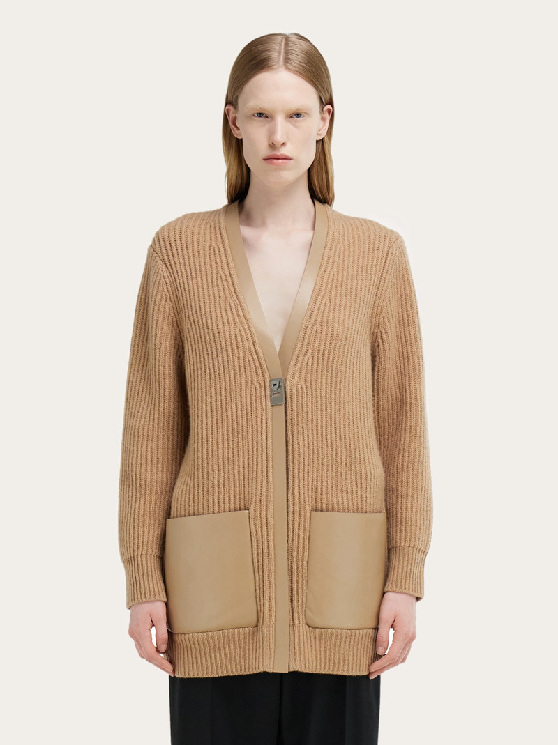 FERRAGAMO Longline cardigan with leather trims outlook