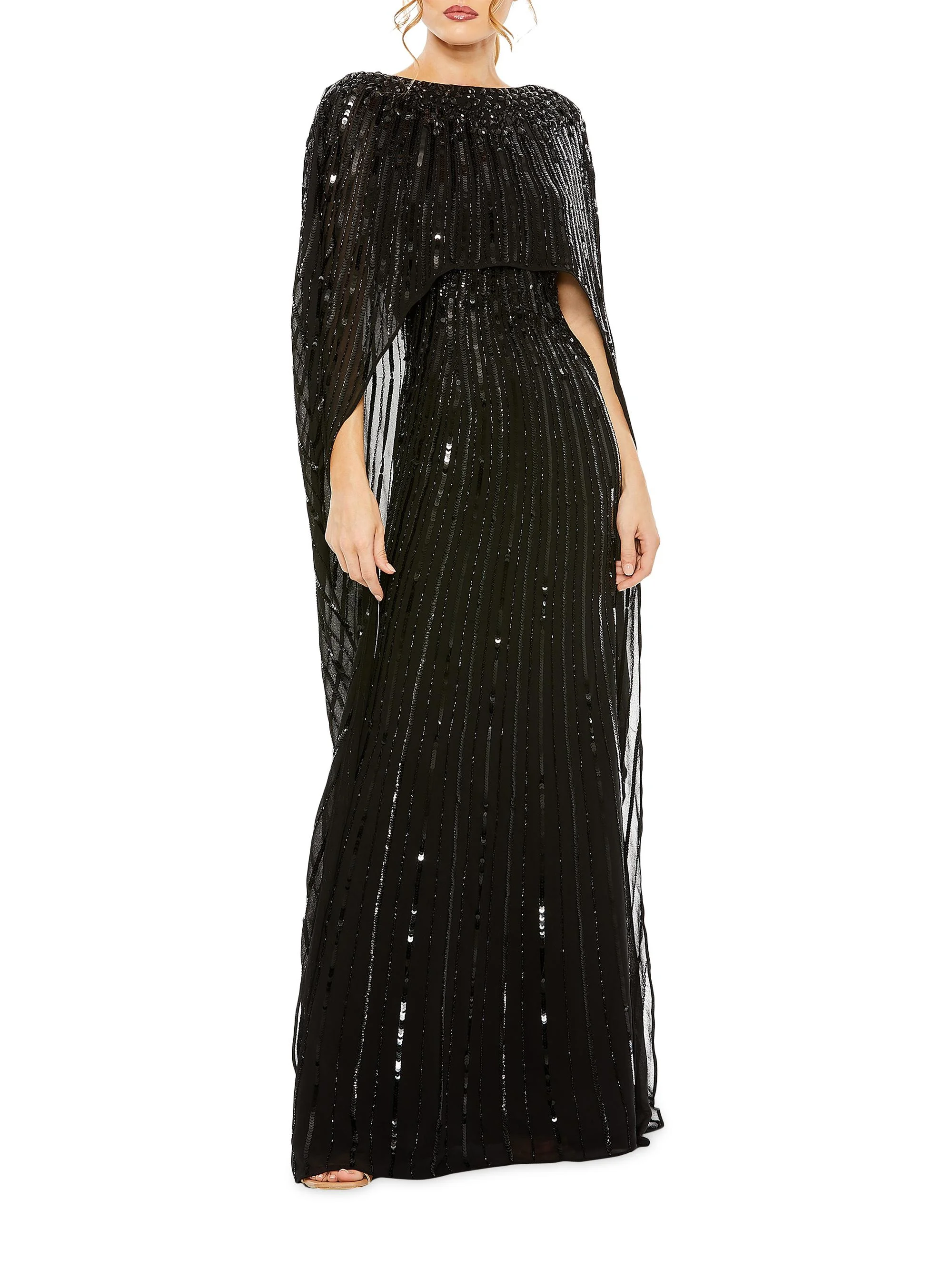 Women's Sequined Column Cape Gown - Black - 1