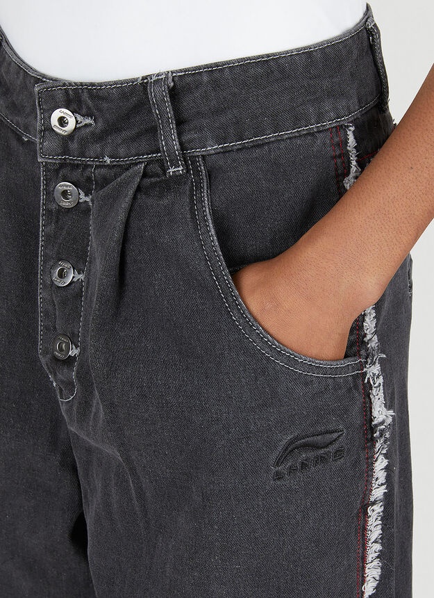 Button Fly Frayed Jeans in Black - 5