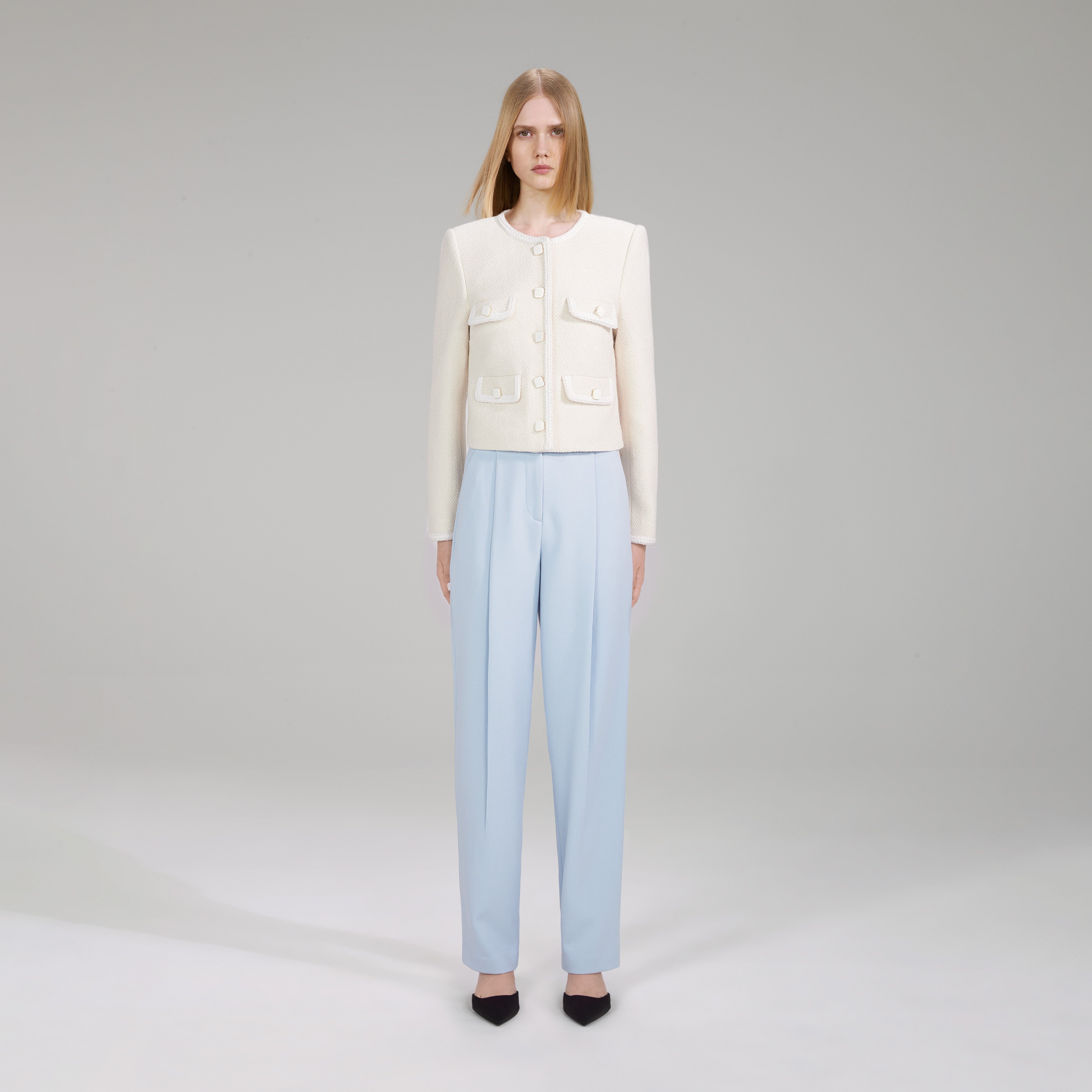 White Textured Weave Crop Jacket - 1