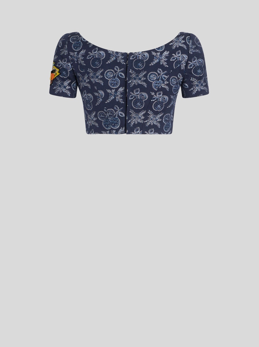 DENIM JACQUARD CROPPED TOP WITH APPLES - 6