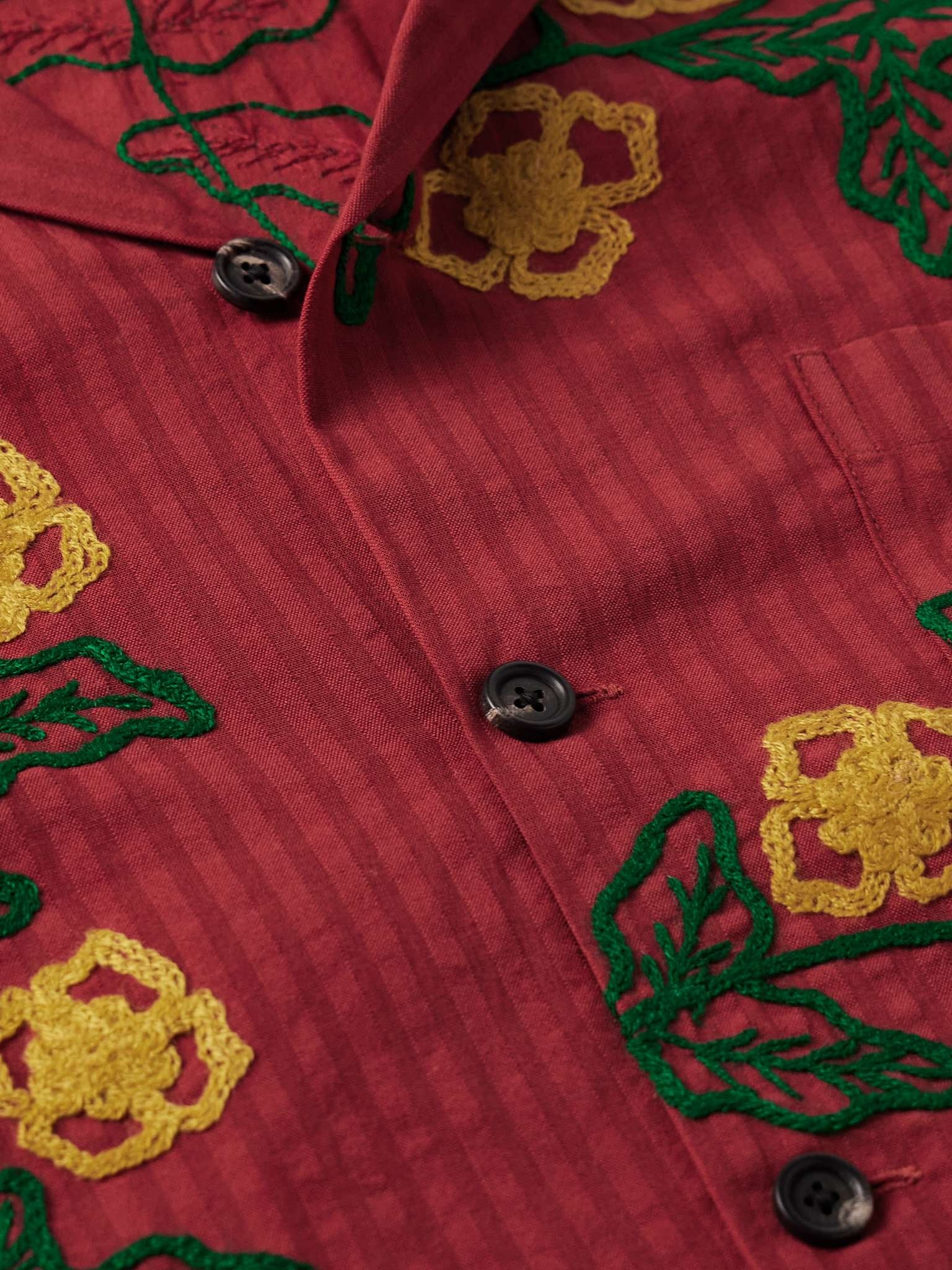 Marigold Wreath Camp-Collar Embroidered Striped Cotton Shirt - 4