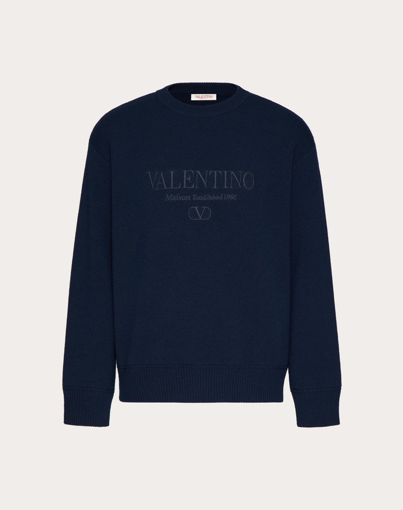 CREWNECK WOOL SWEATER WITH VALENTINO EMBROIDERY - 1