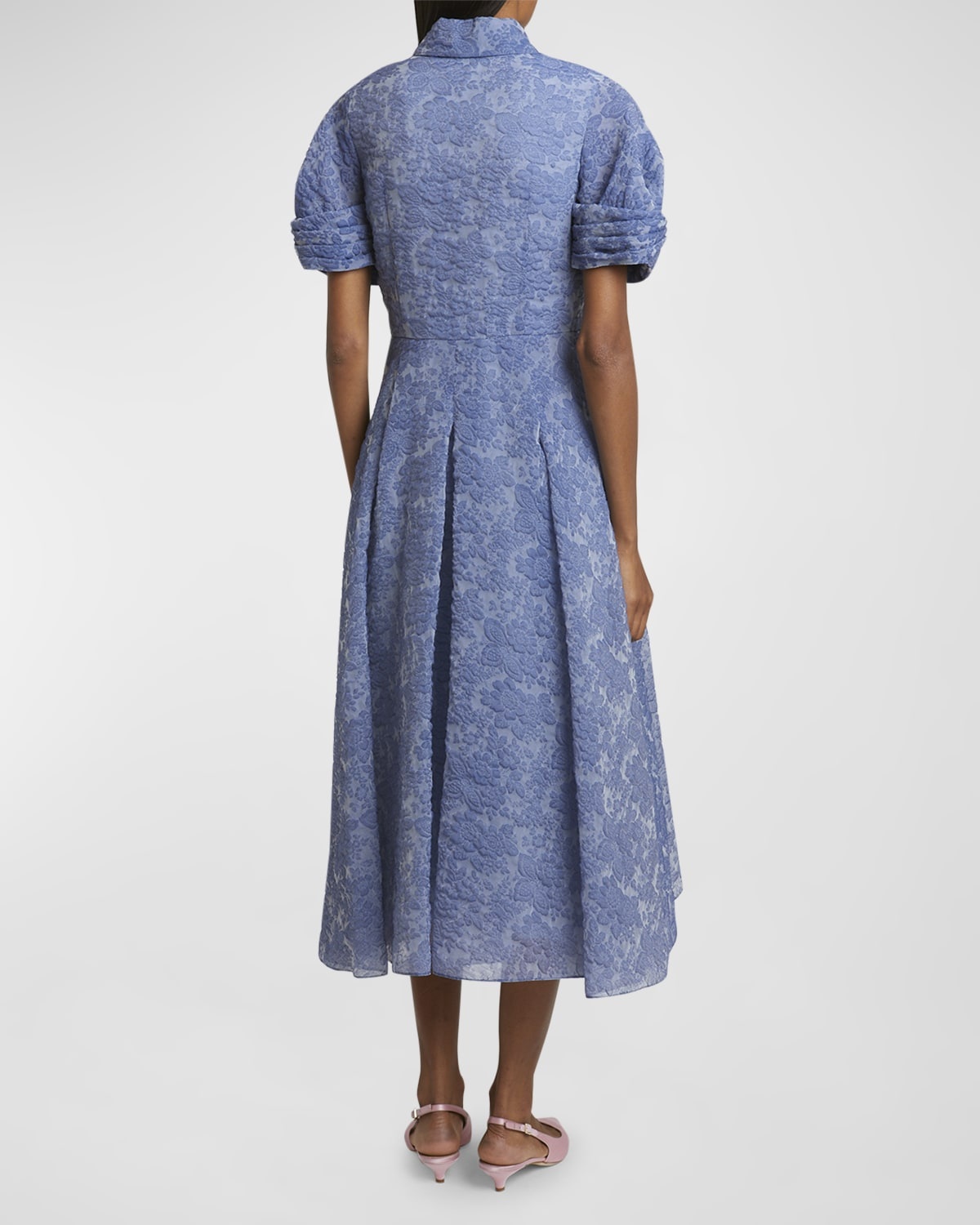 Twisted Short-Sleeve Floral Brocade Midi Shirtdress - 6