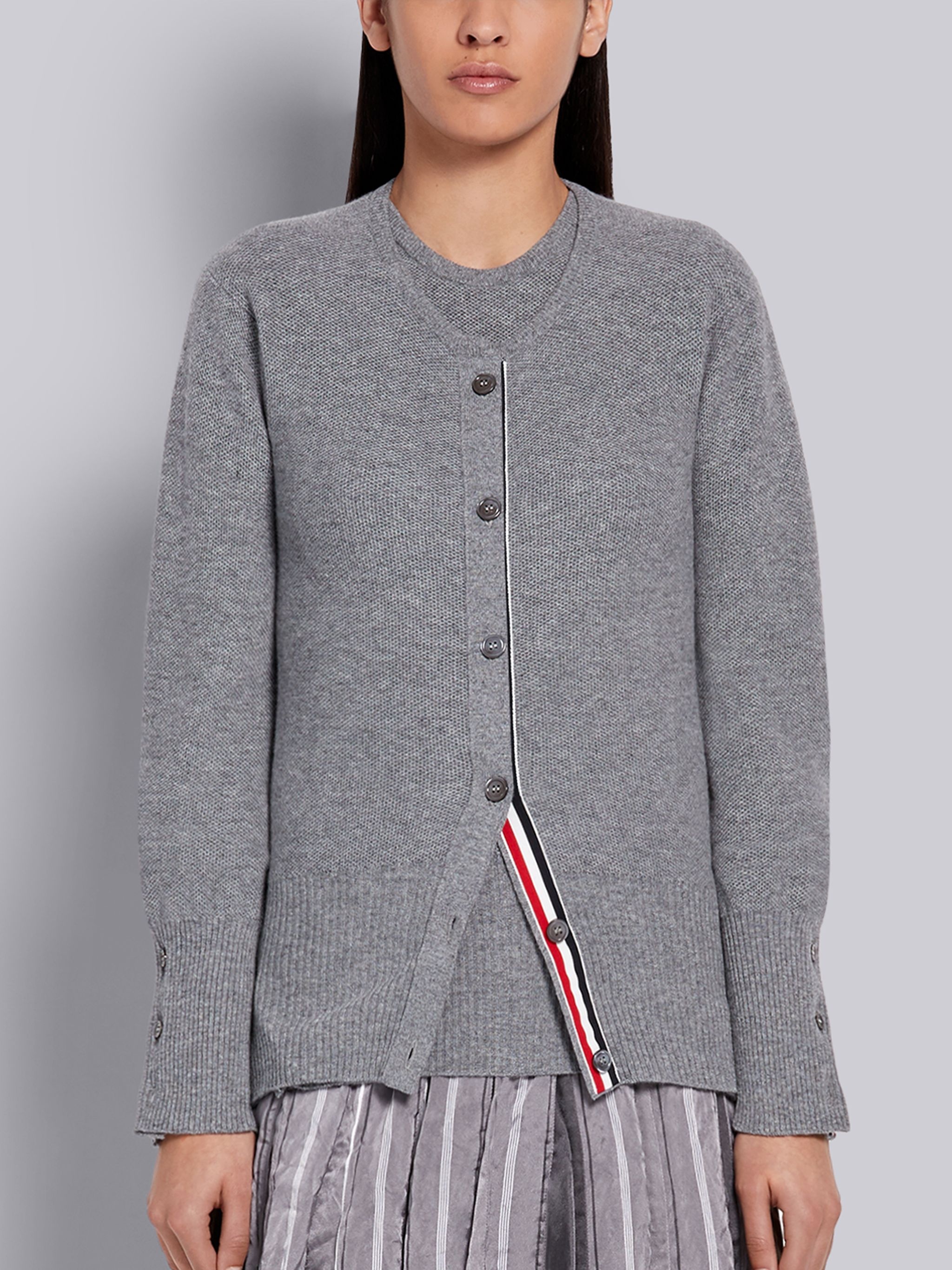 Light Grey Cashmere Pique Stitch Classic Crewneck Cardigan - 1