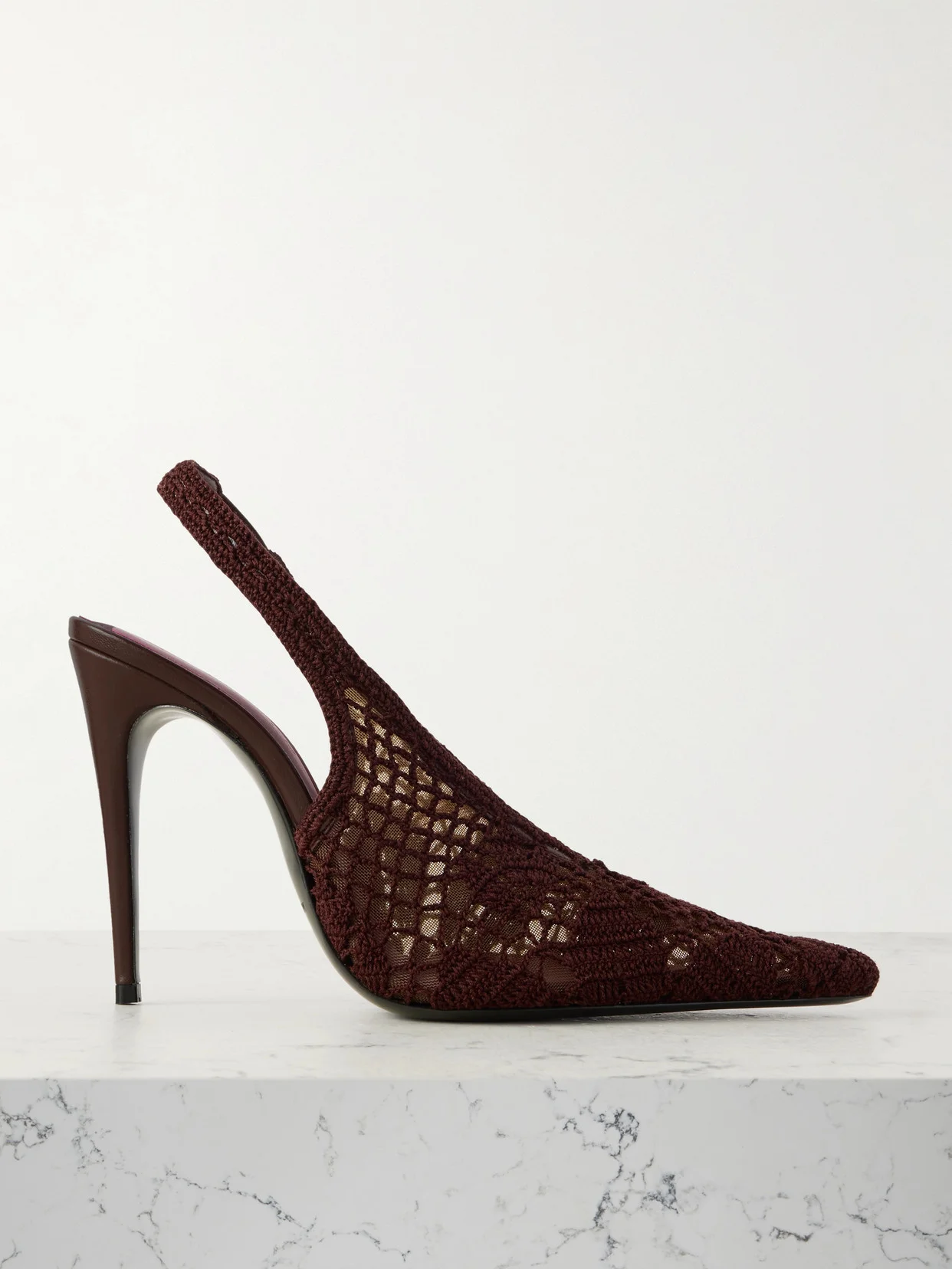 Leather-trimmed Crocheted Mesh Slingback Pumps - 1