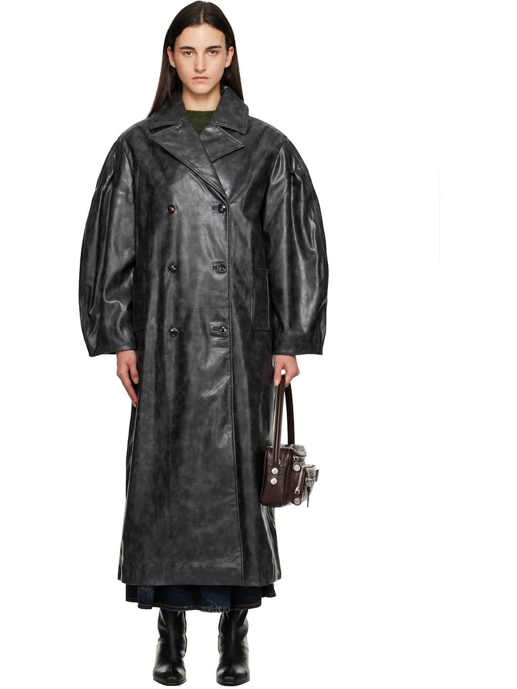 Black Distressed Leather Trench Coat - 1