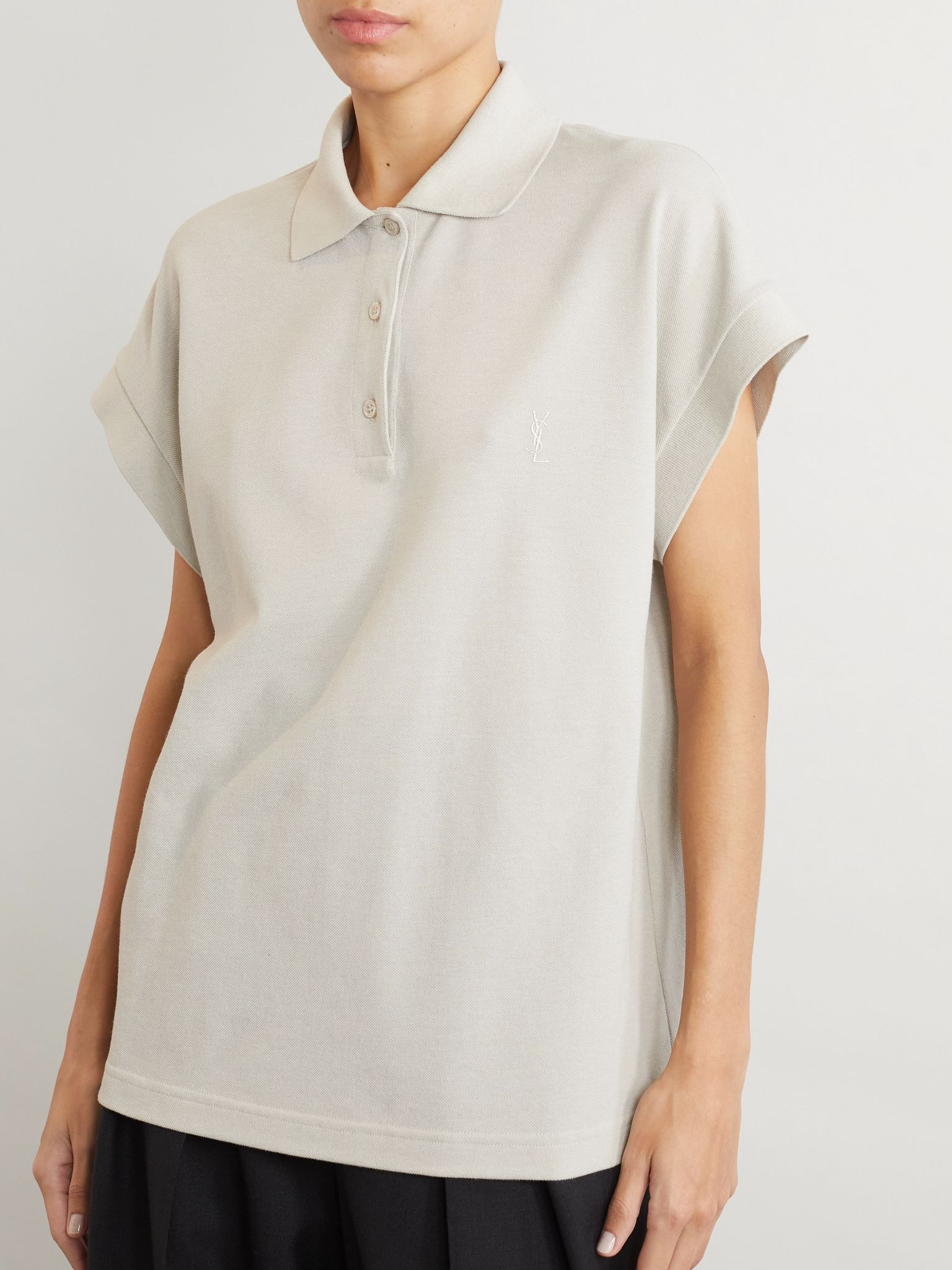 Embroidered cotton-blend piqué polo shirt Gray - 3