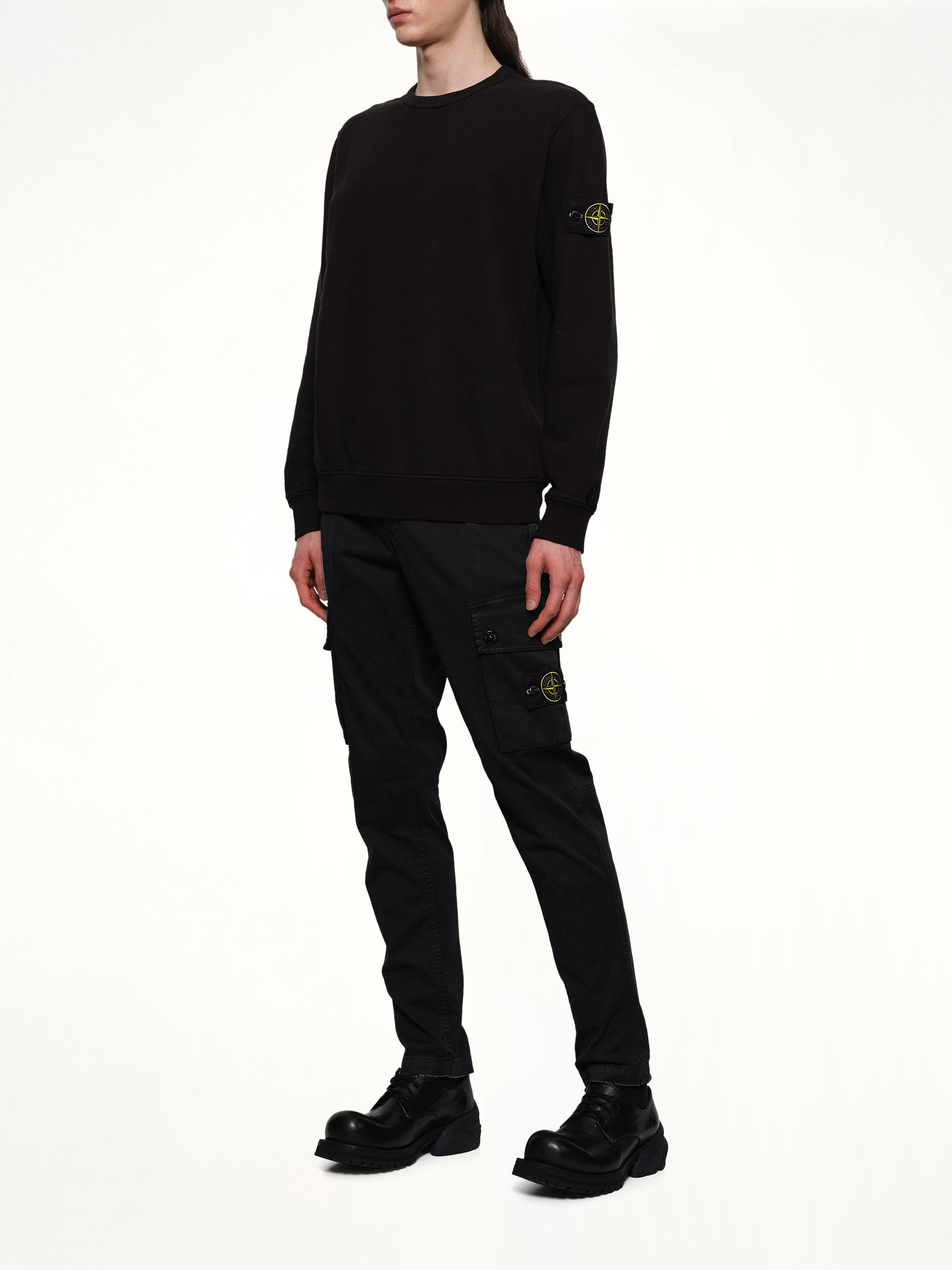 3100034 Stretch Organic Broken Twill Cotton 'Old' Effect Cargo Pants in Black - 4