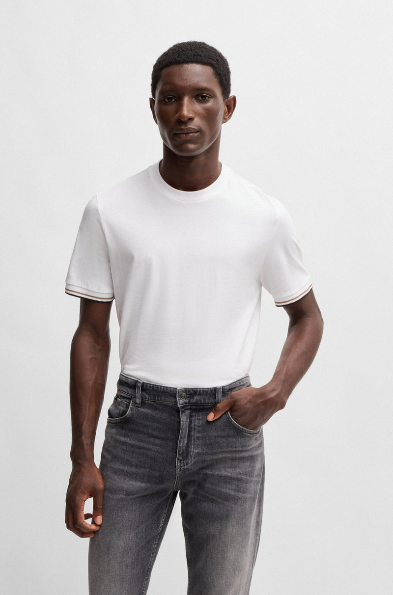 BOSS COTTON-JERSEY T-SHIRT WITH SIGNATURE-STRIPE CUFFS outlook