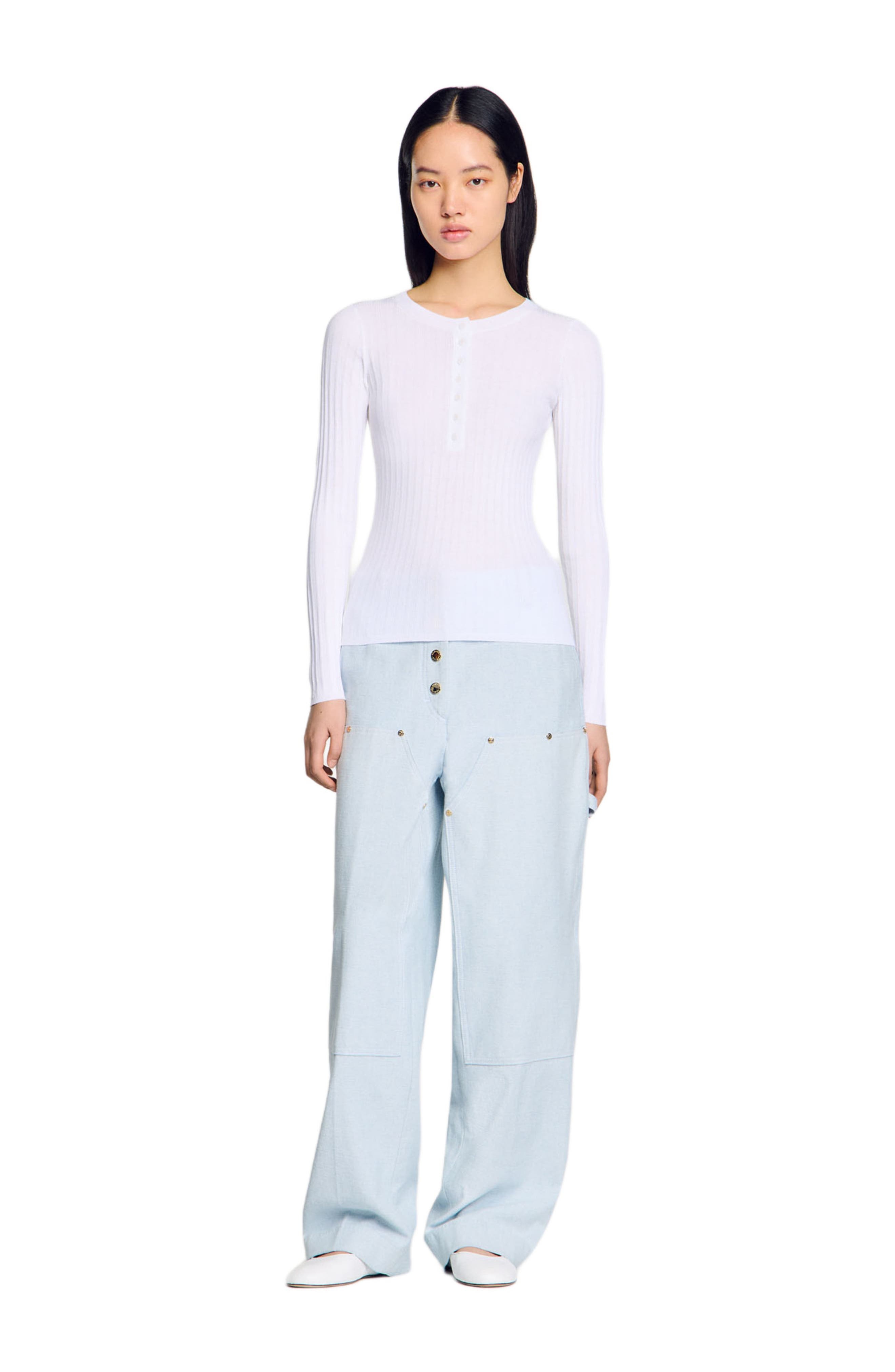 SANDRO Ribbed sweater with Tunisian collar in White at Nordstrom - 1