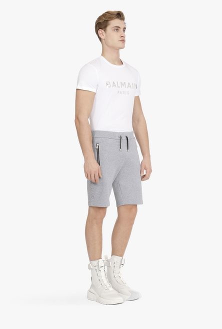 Heather gray cotton shorts with embossed gray Balmain Paris logo - 7