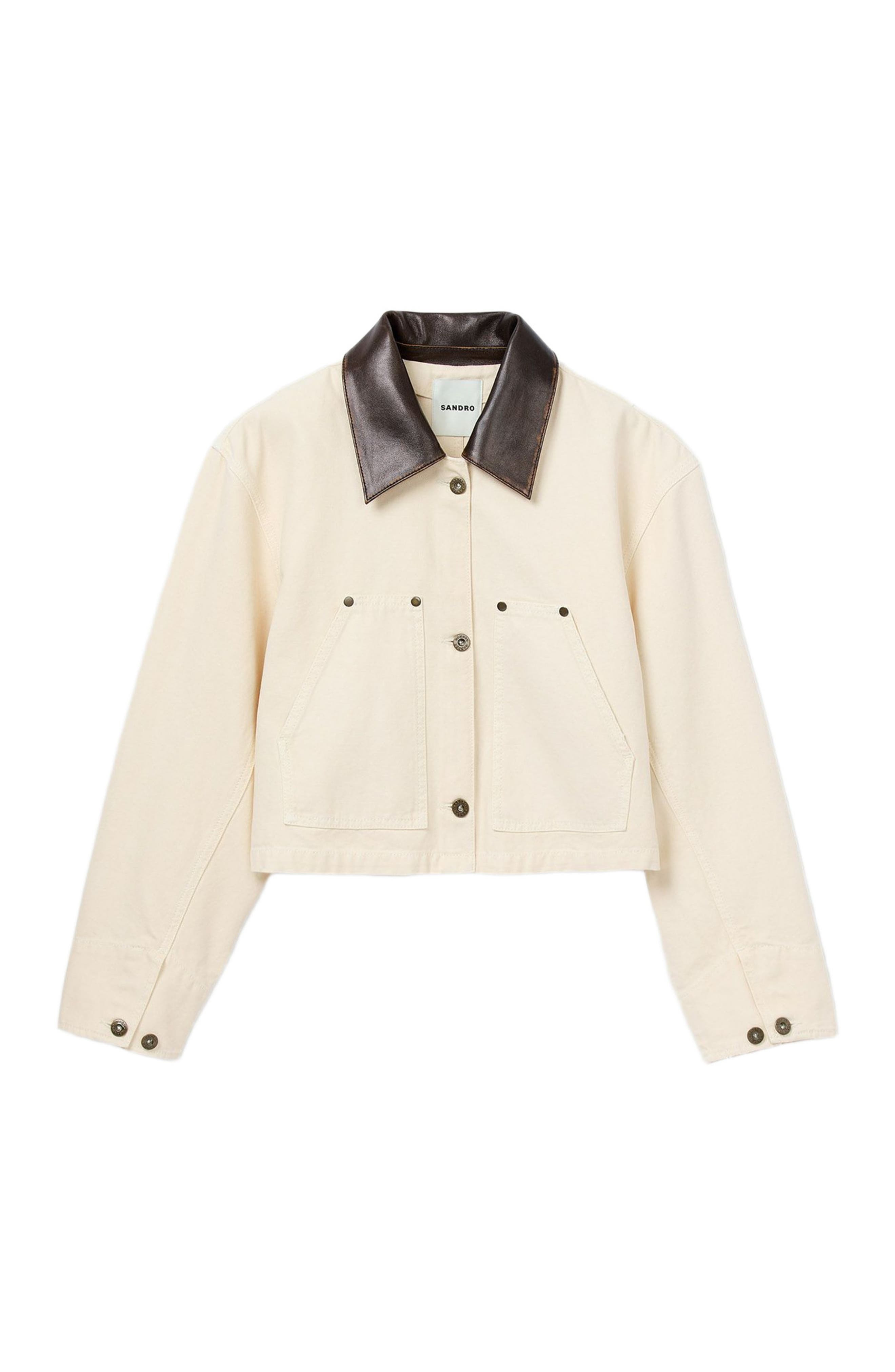 SANDRO Leather collar workwear jacket in Ecru at Nordstrom - 5