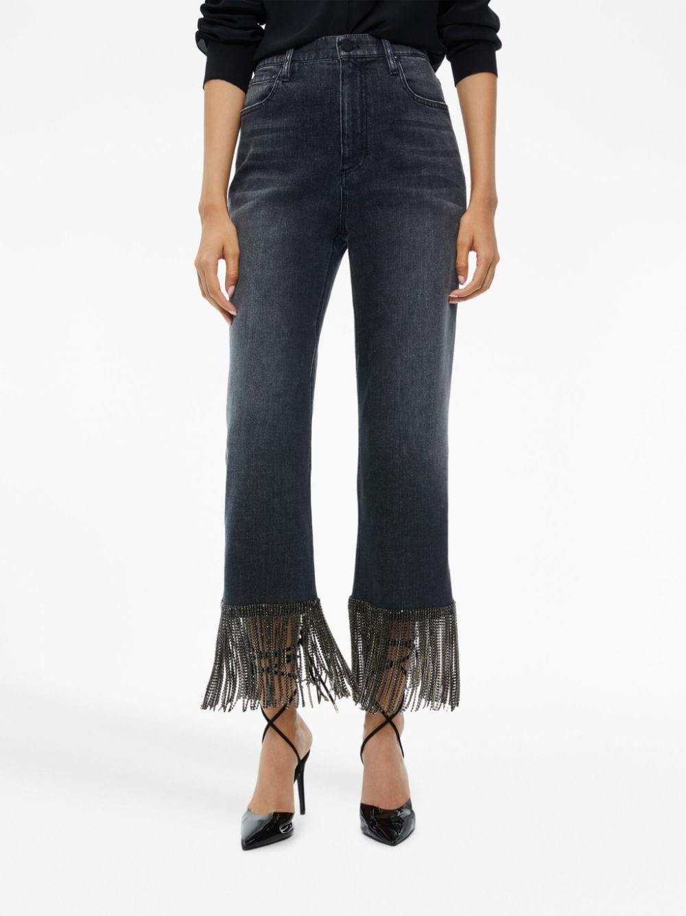 crystal-embellished fringed cropped jeans - 5
