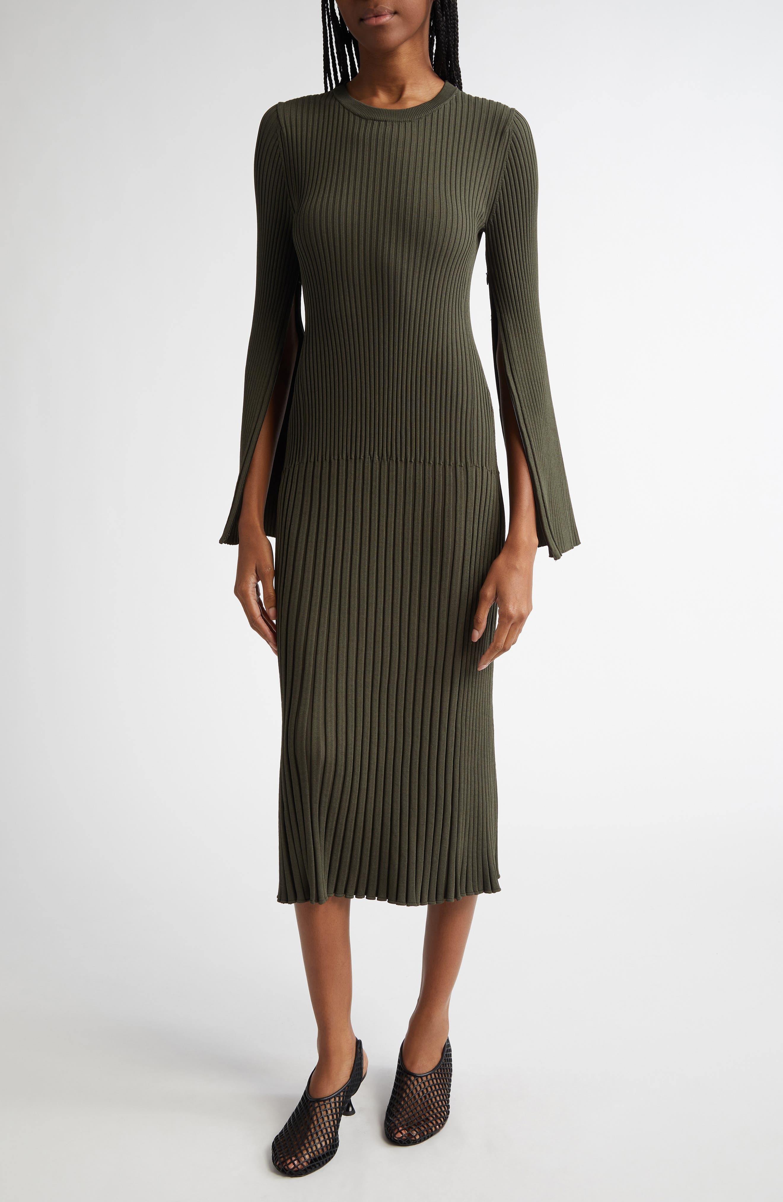 Proenza Schouler Kenna Long Sleeve Rib Midi Dress in Fatigue at Nordstrom - 4