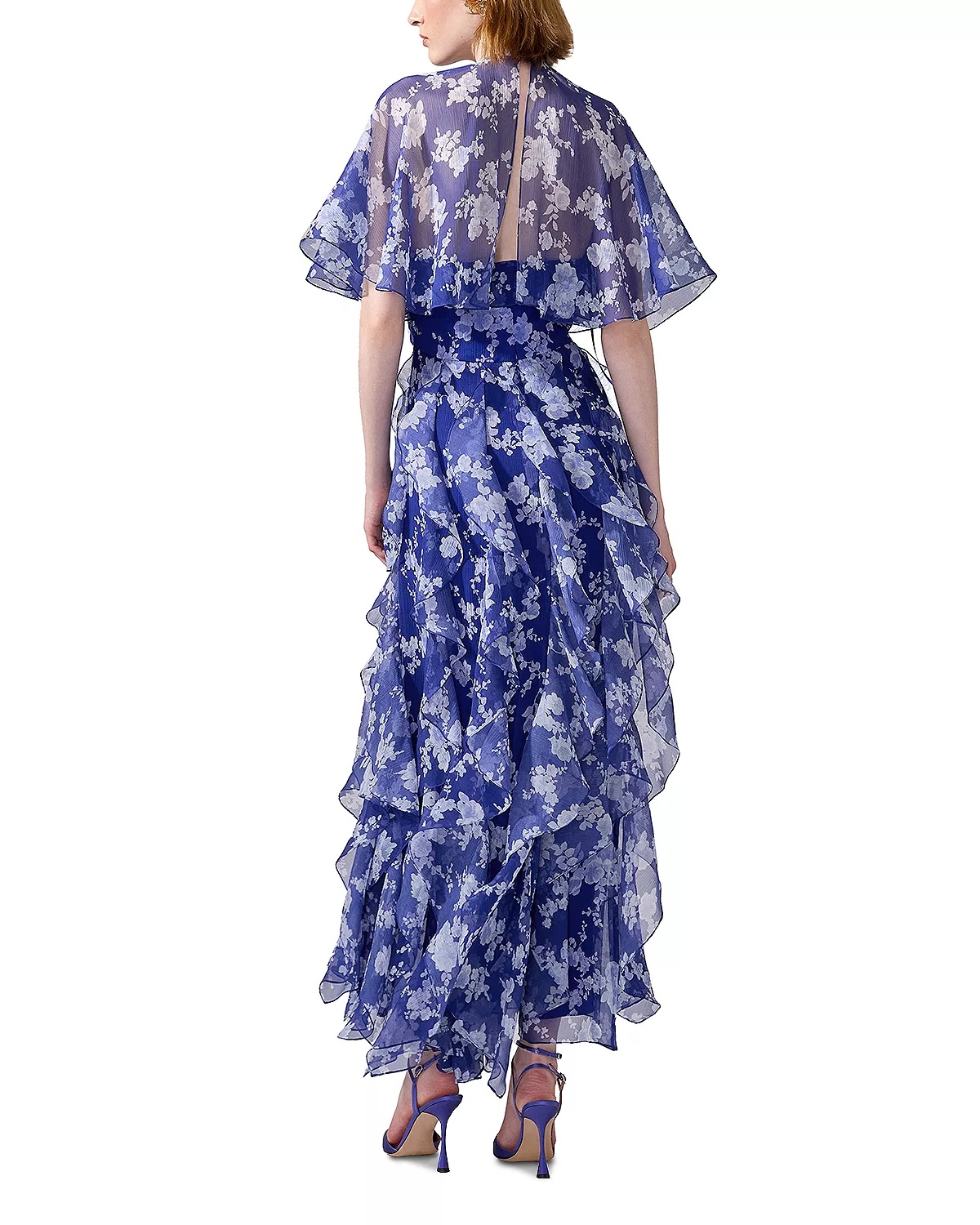 Silk Short Sleeve Tie Cape Ruffle Dress - 3