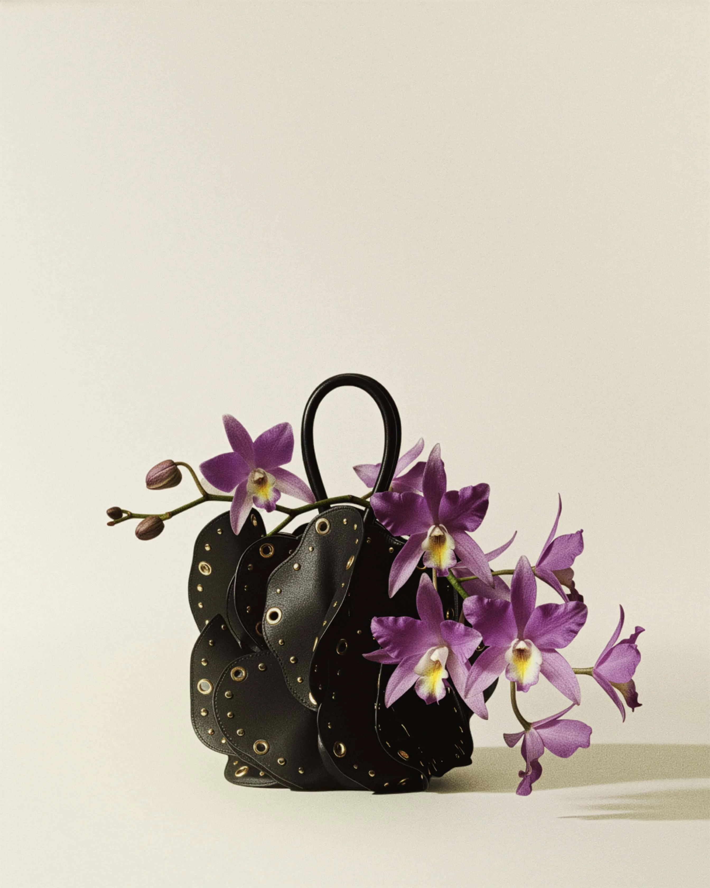 Black Leather Studded Flower Bag - 1