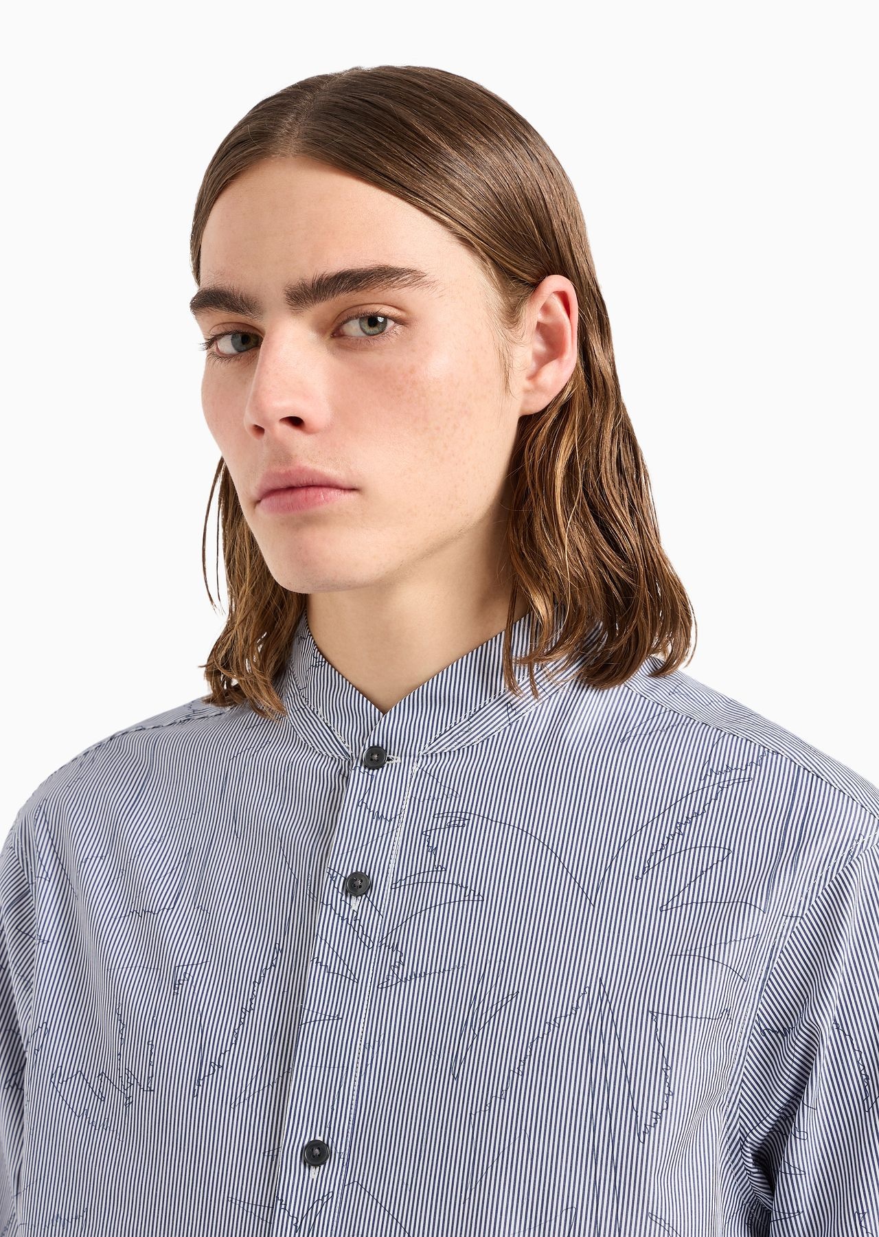 Comfort-fit shirt with guru collar in striped cotton with a palm-tree print - 5