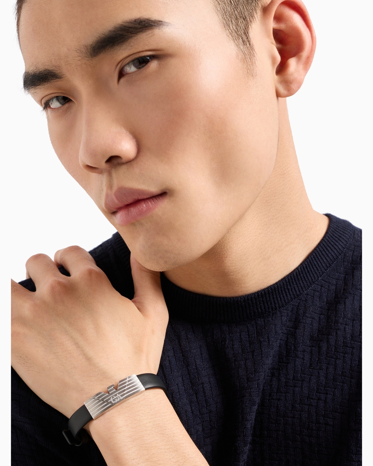 STAINLESS STEEL AND BLACK LEATHER STRAP ID BRACELET - 4