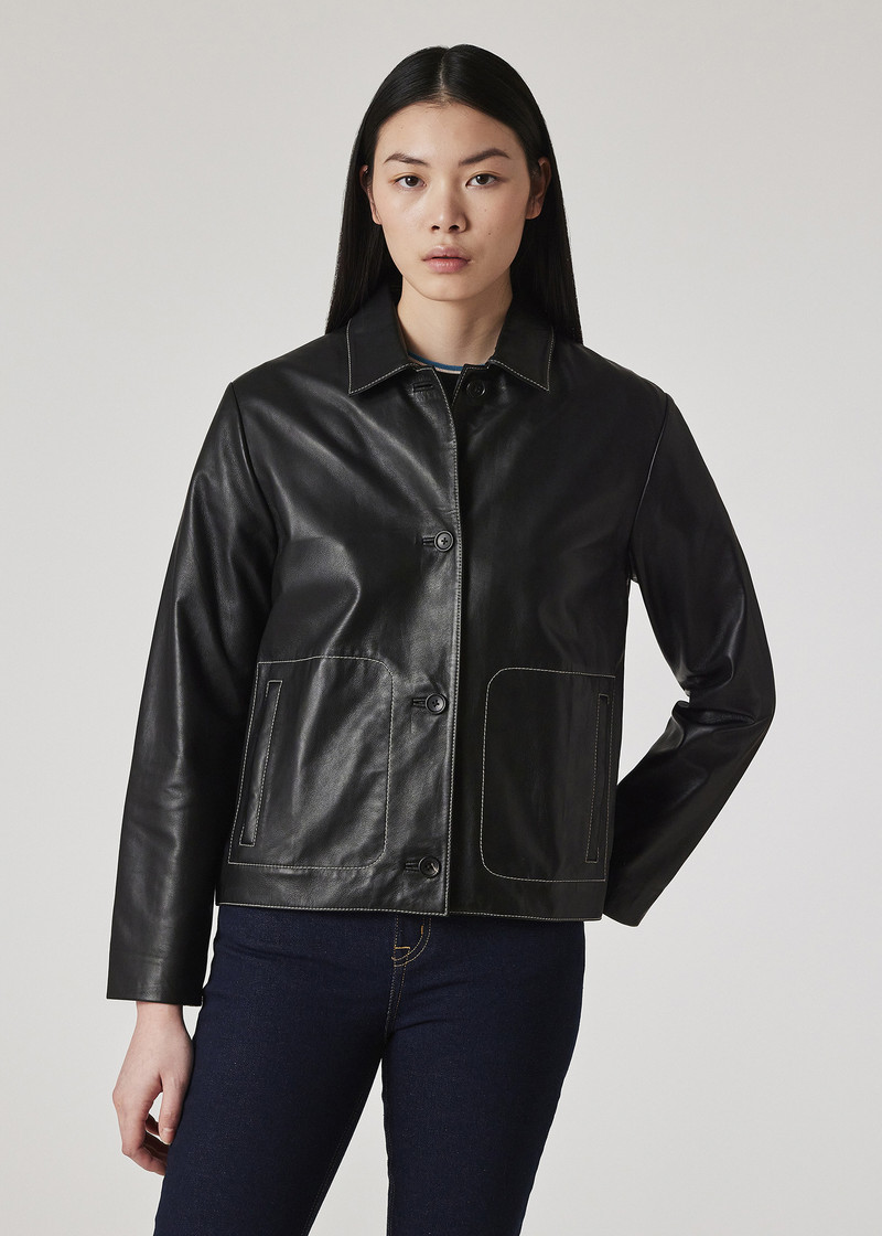 Women's Black Leather Contrast Stitch Jacket 5