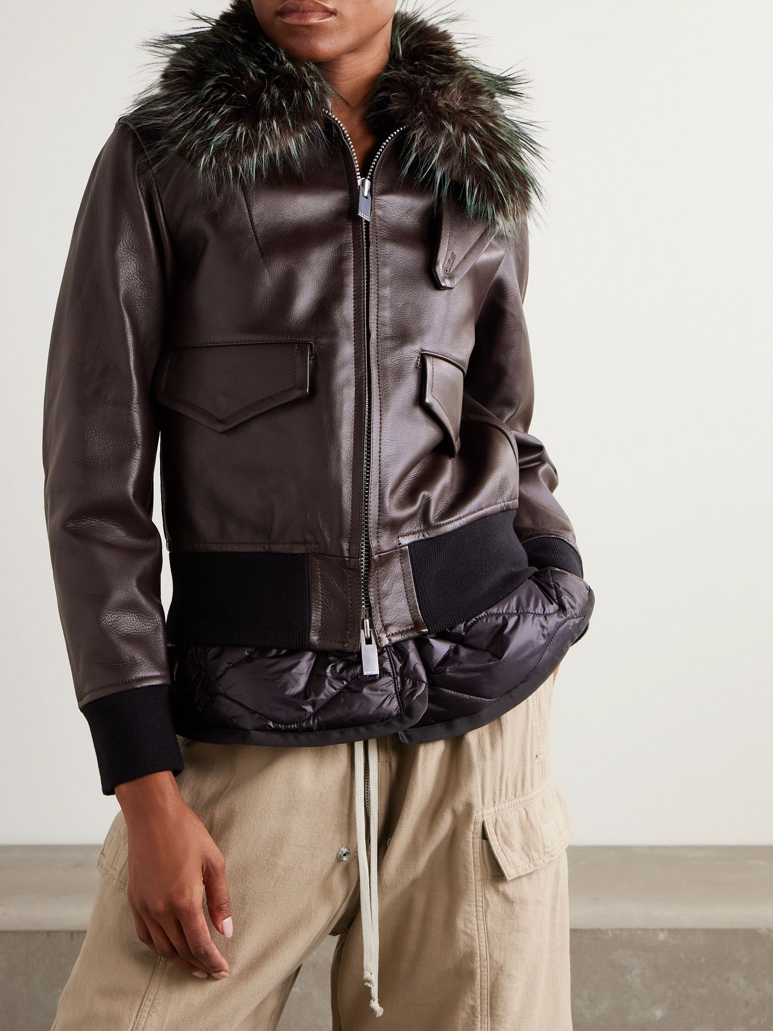 Convertible plush-trimmed padded leather jacket Brown - 3