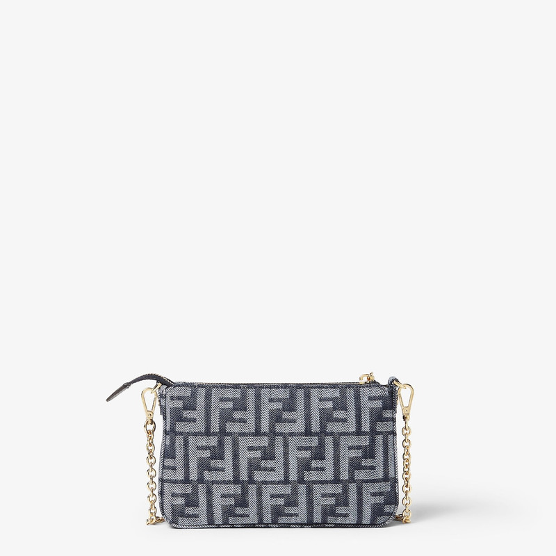 Baguette Pouch Blue denim-effect FF jacquard charm pouch with chain 4