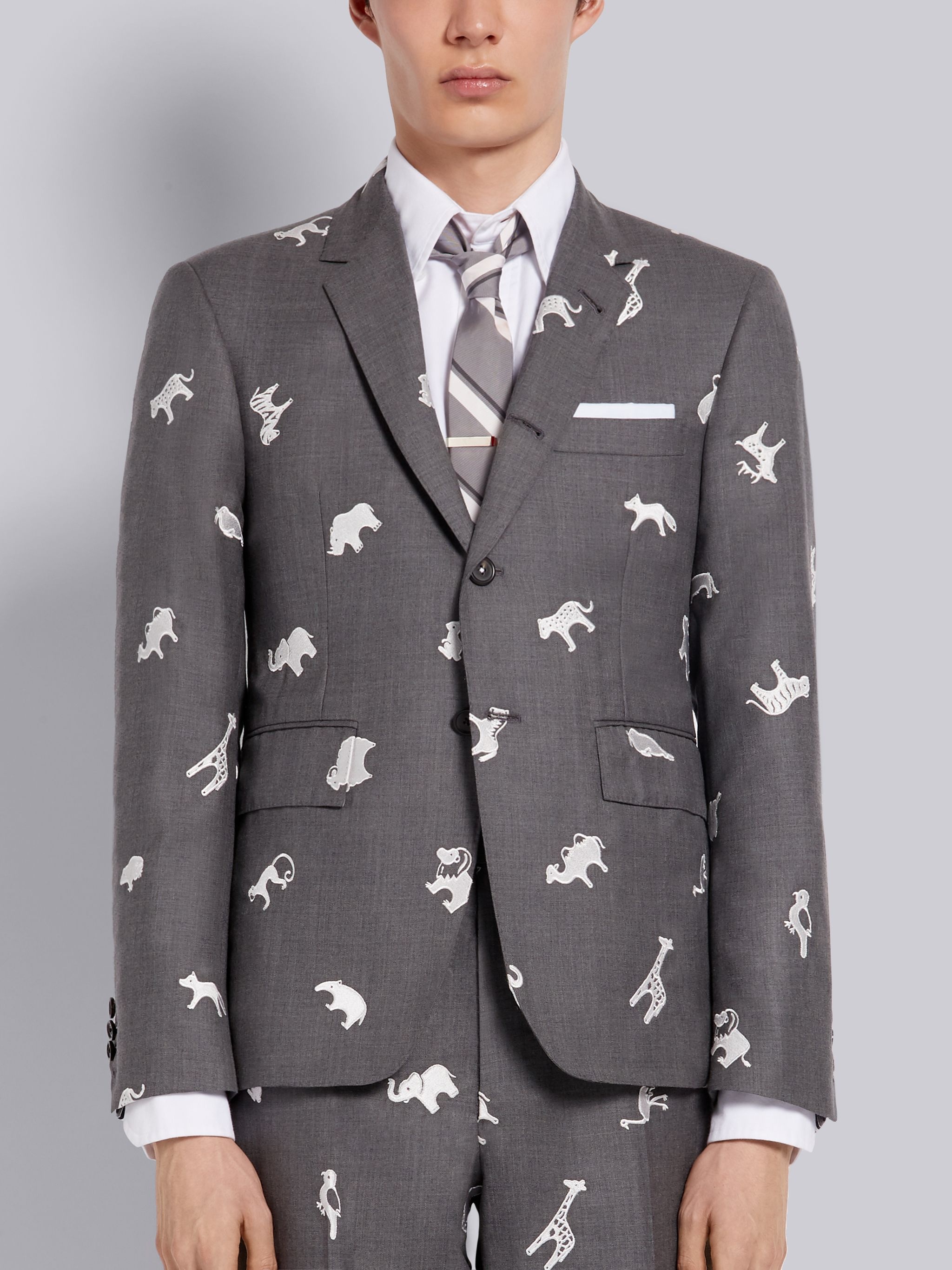 Medium Grey Wool Twill Multi-Animal Icon Embroidered Classic Sport Coat - 1