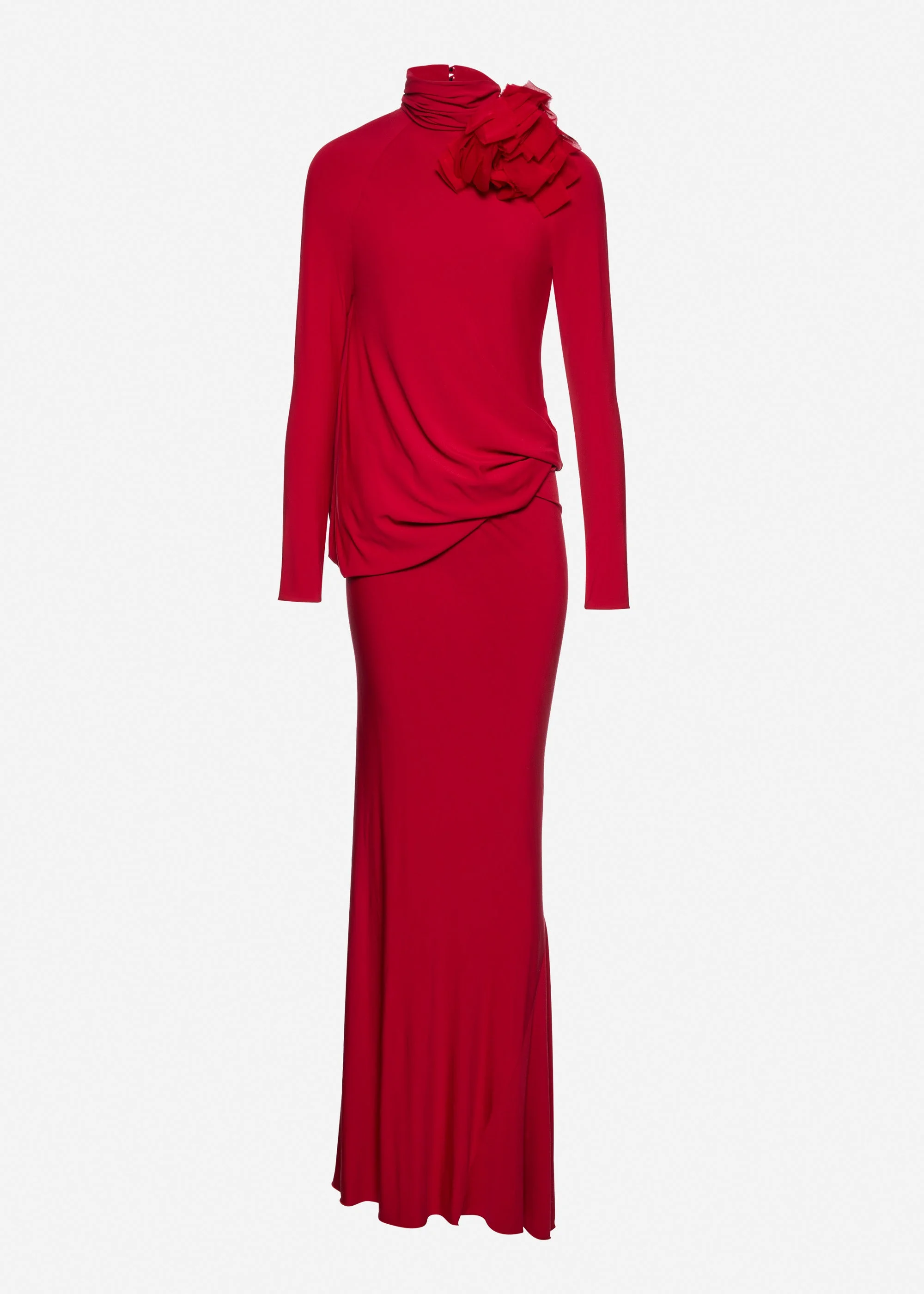 Long open-back dress with high neck and floral detail in red - 1