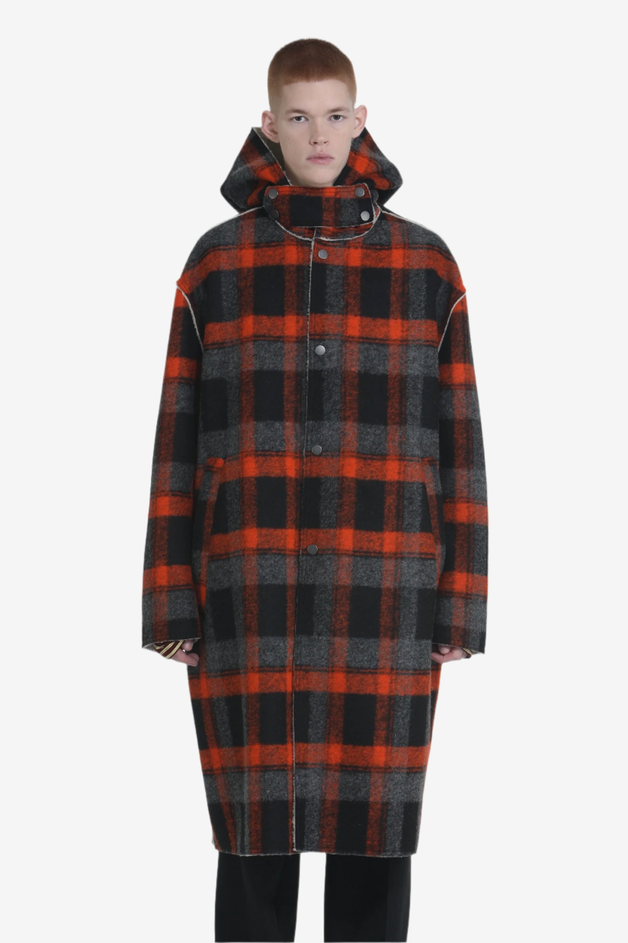 LONG CHECKED COAT WITH HOOD - 4