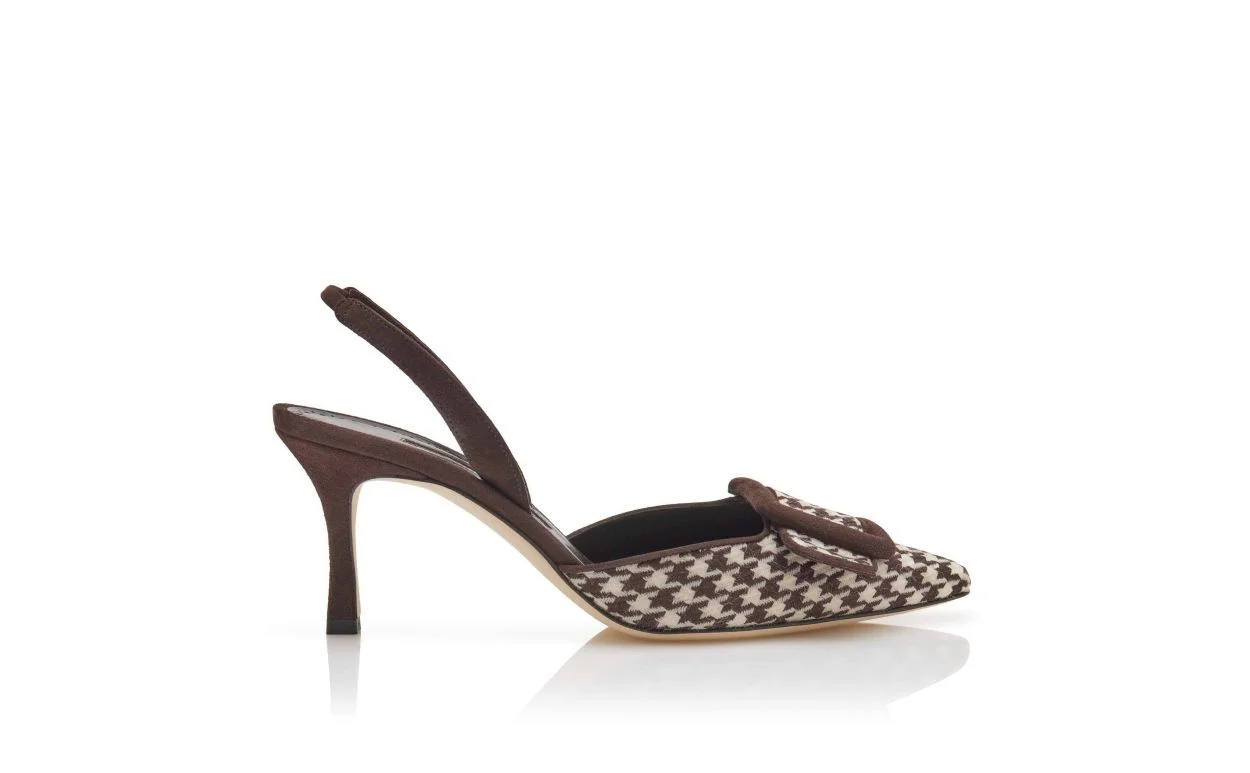 Dark Brown and Cream Wool Slingback Pumps - 1