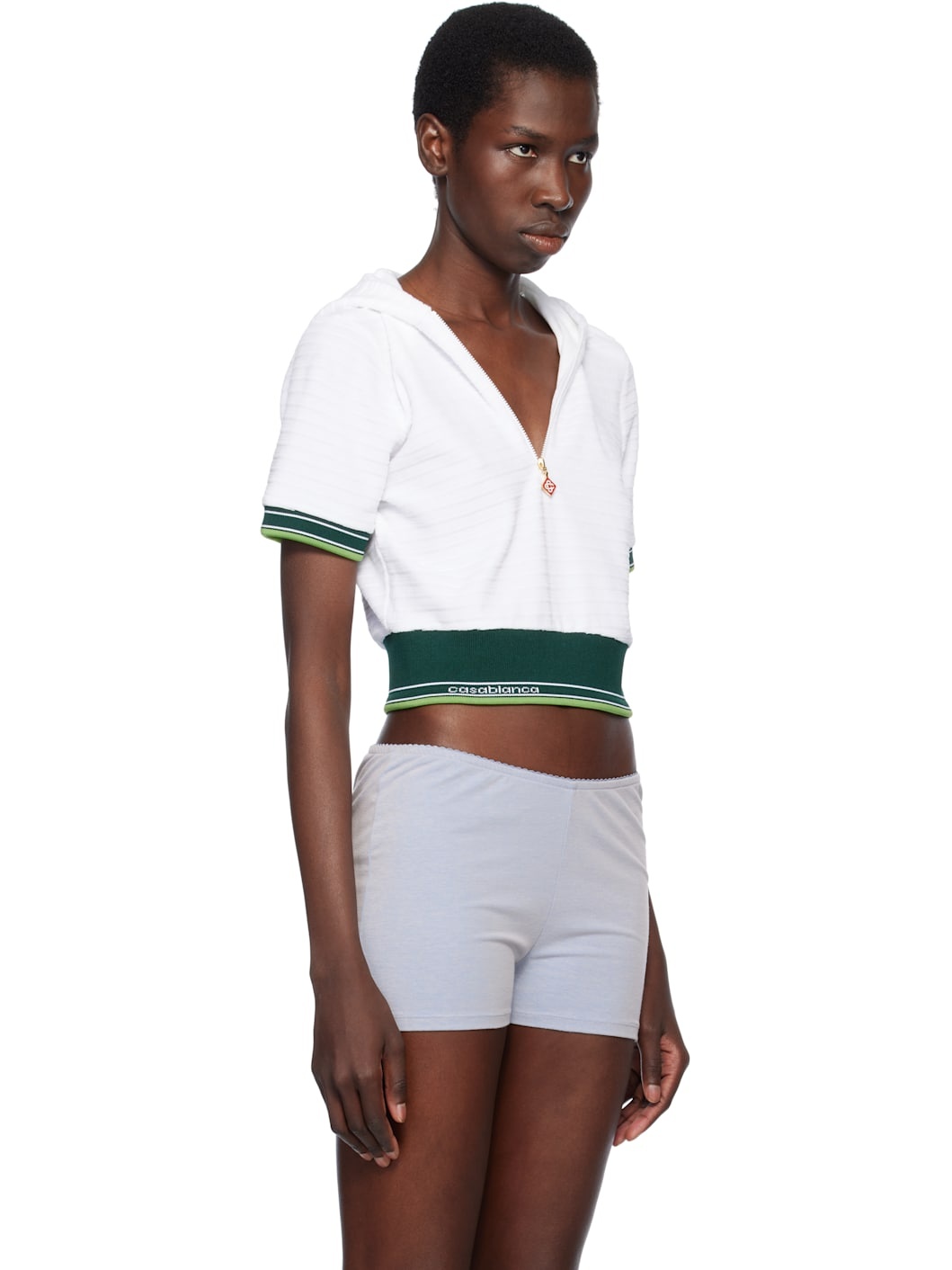 White Textured Velour Tennis Cropped Hooded T-shirt - 2