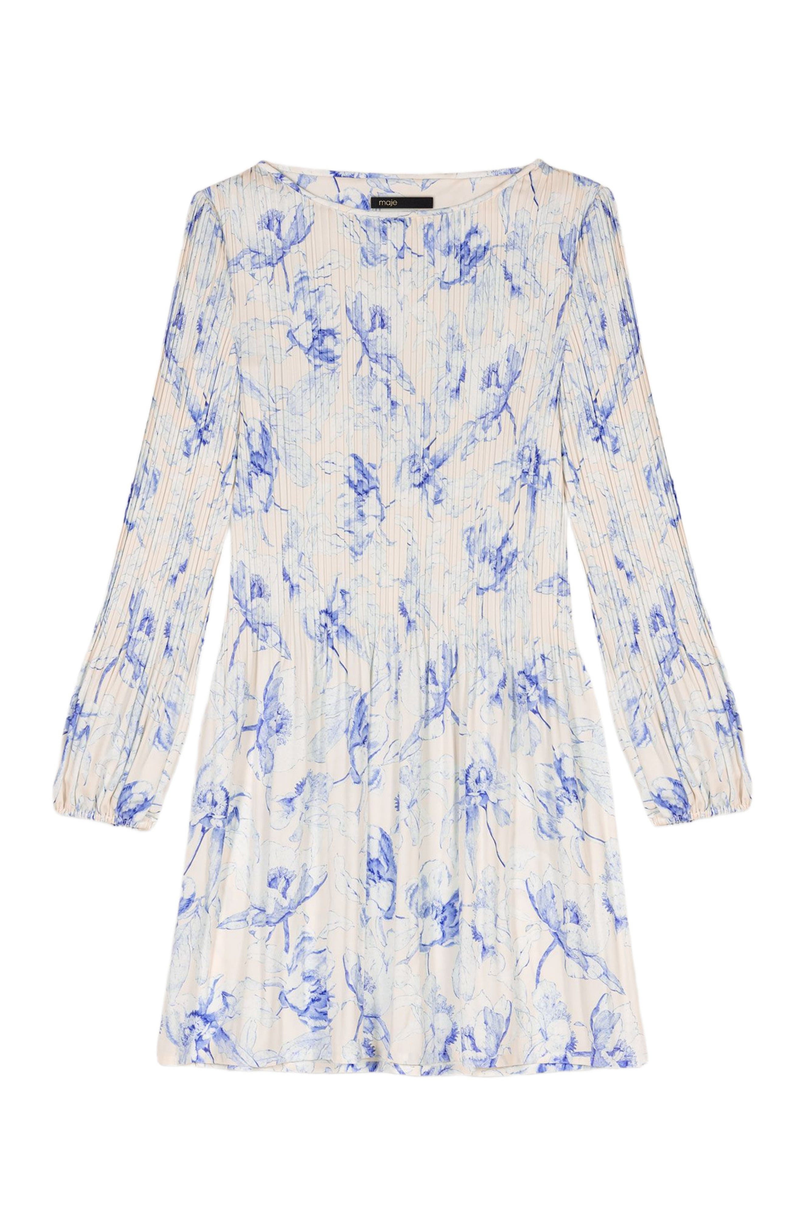 maje Patterned pleated dress in Blue Flower Print Ecru Base at Nordstrom - 1