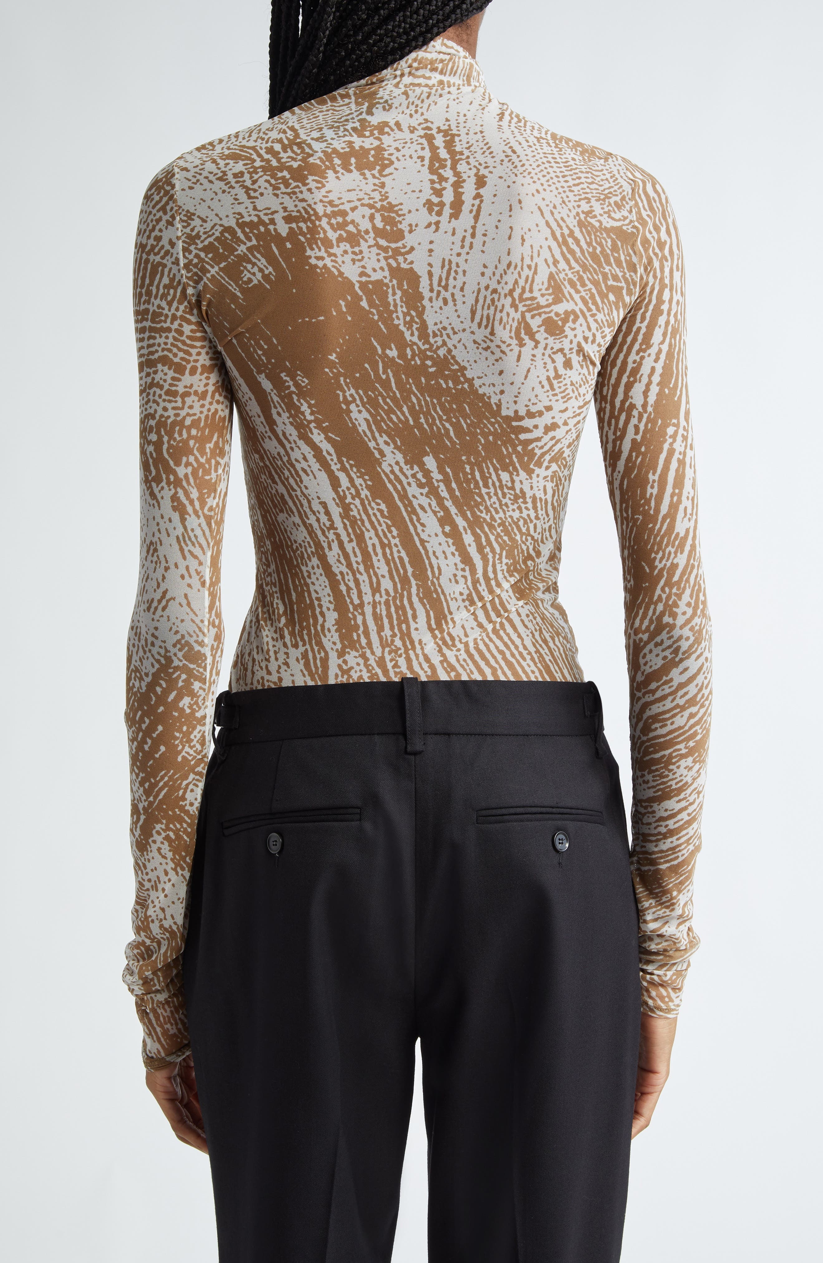 Proenza Schouler Rio Mock Neck Long Sleeve Tulle Top in Wood at Nordstrom - 3