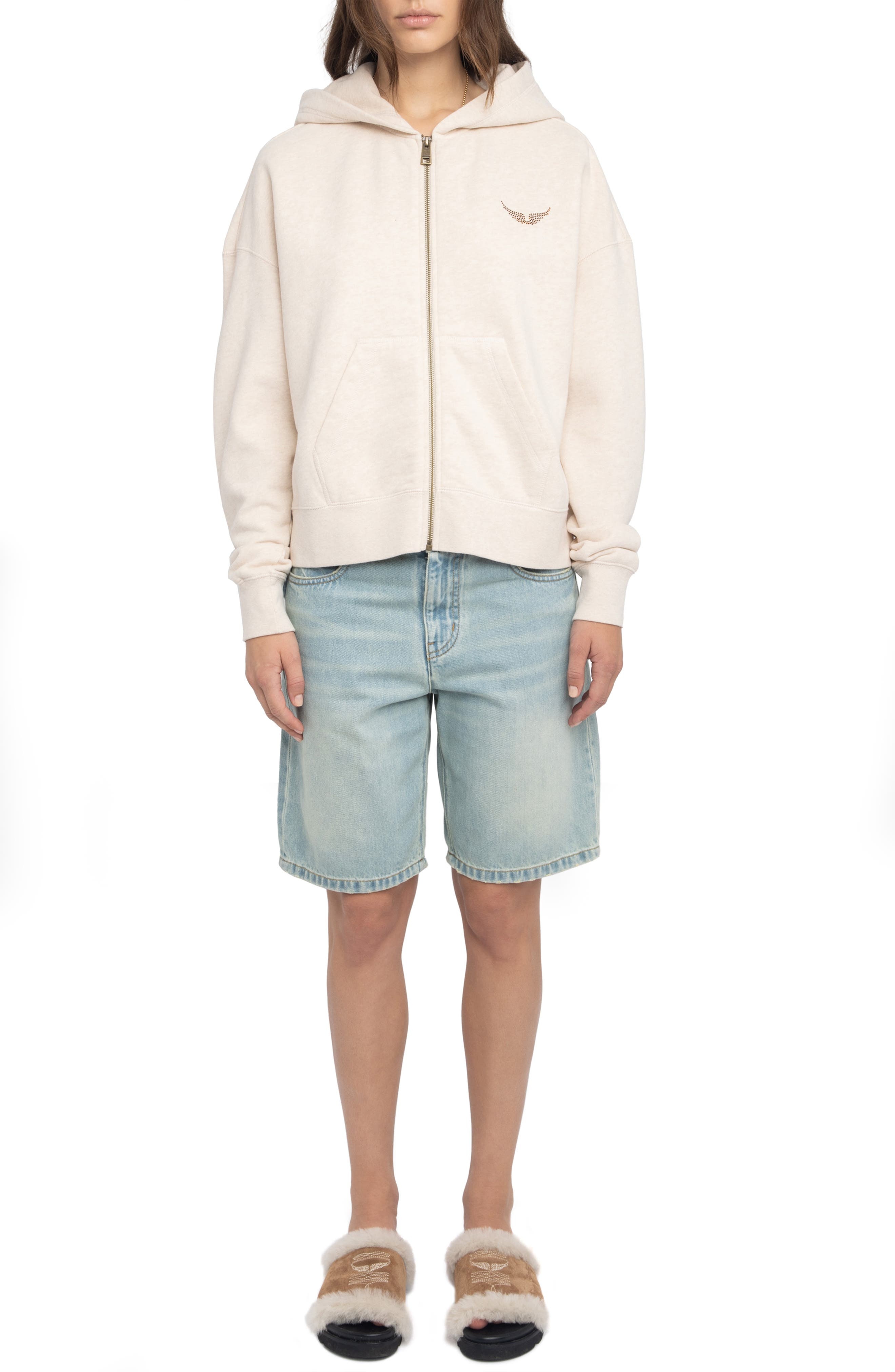 Zadig & Voltaire Mia Strass Front Zip Hoodie in Light Sugar at Nordstrom - 6