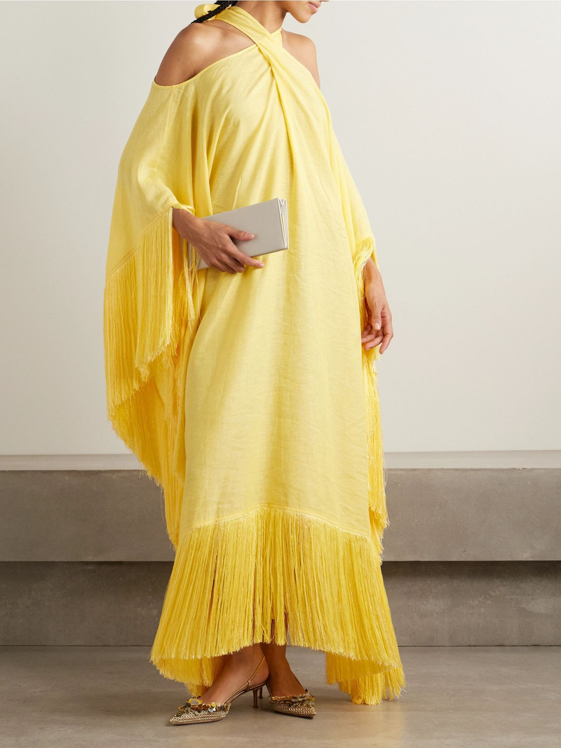 Taller Marmo Bambolino cold-shoulder fringed linen maxi dress Bright yellow outlook