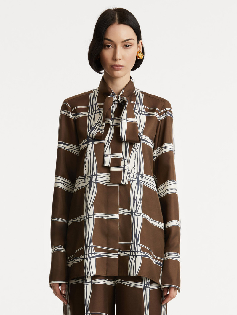 Oscar de la Renta WAVY PLAID SILK TWILL BLOUSE outlook