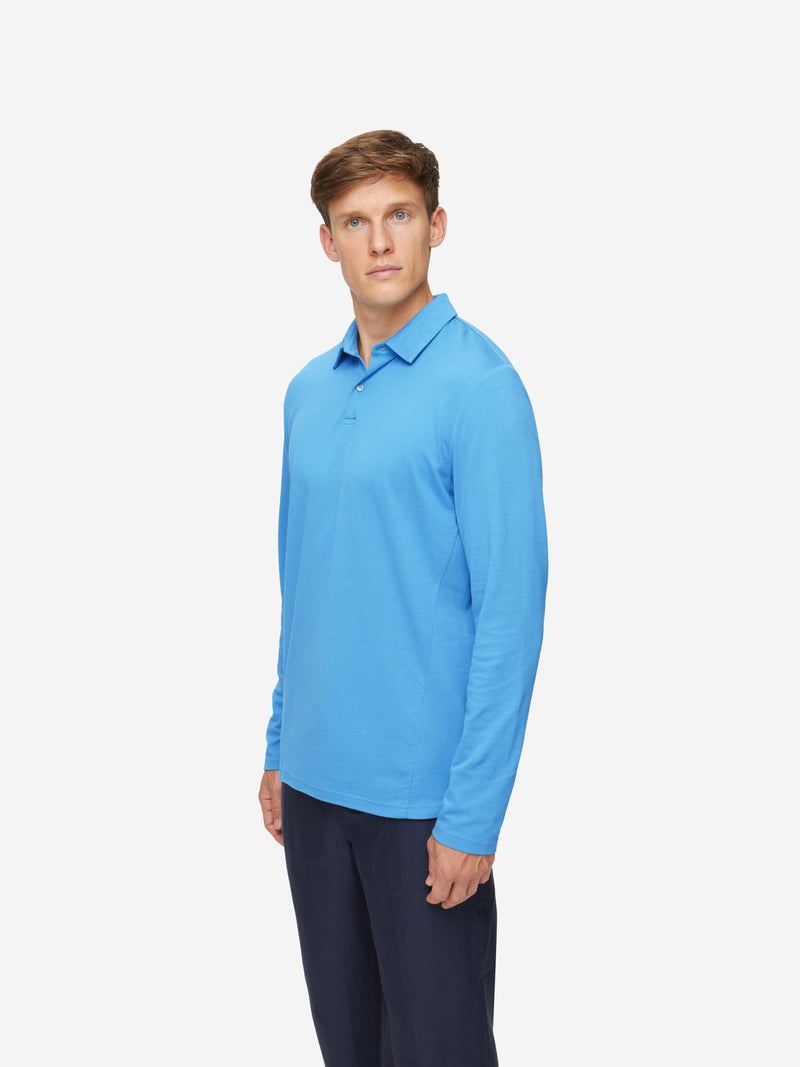 Men's Long Sleeve Polo Shirt Ramsay 4 Pique Cotton Tencel Blue - 3