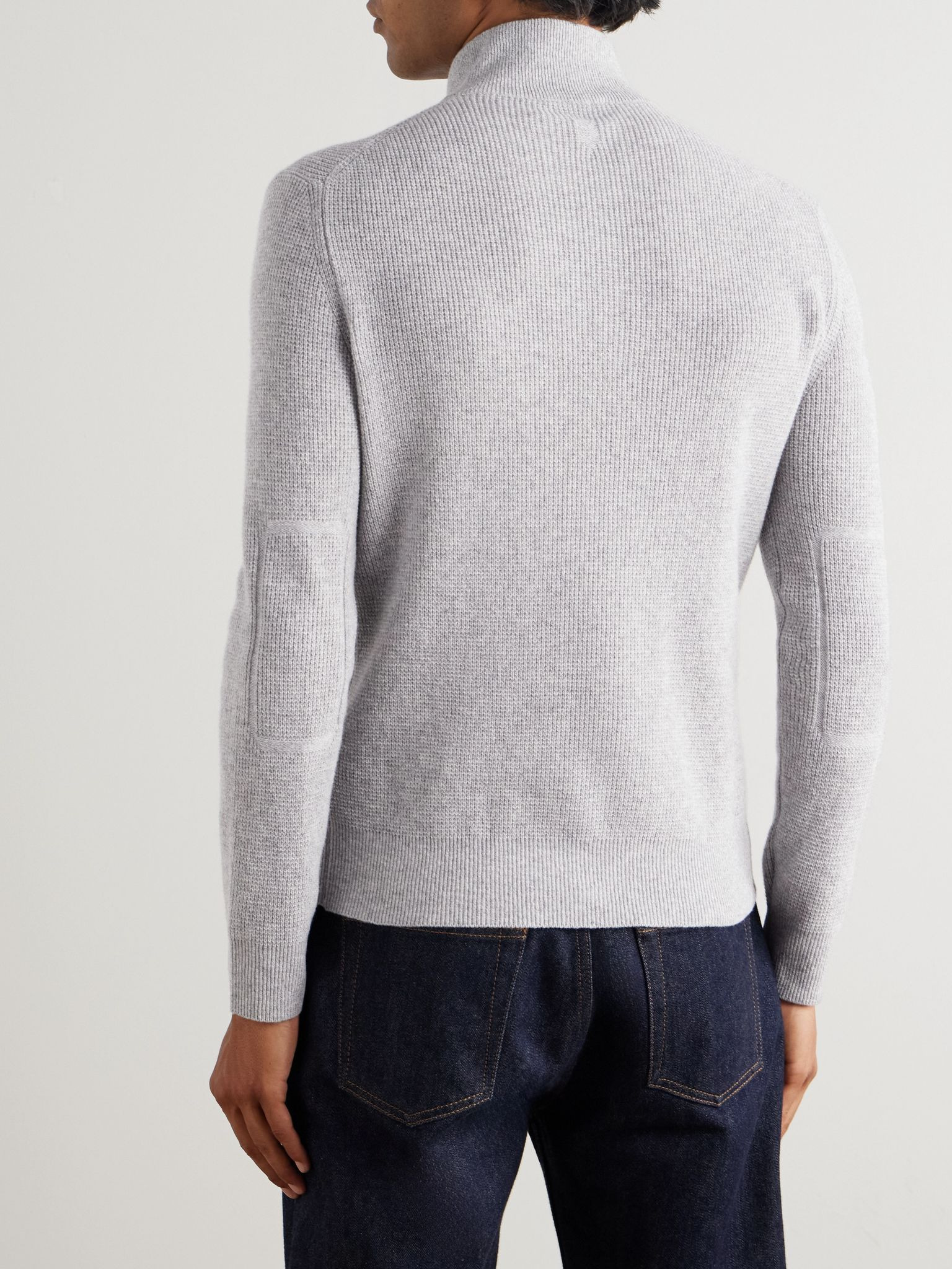 Slim-Fit Suede-Trimmed Ribbed Wool and Cashmere-Blend Half-Zip Sweater Gray - 3