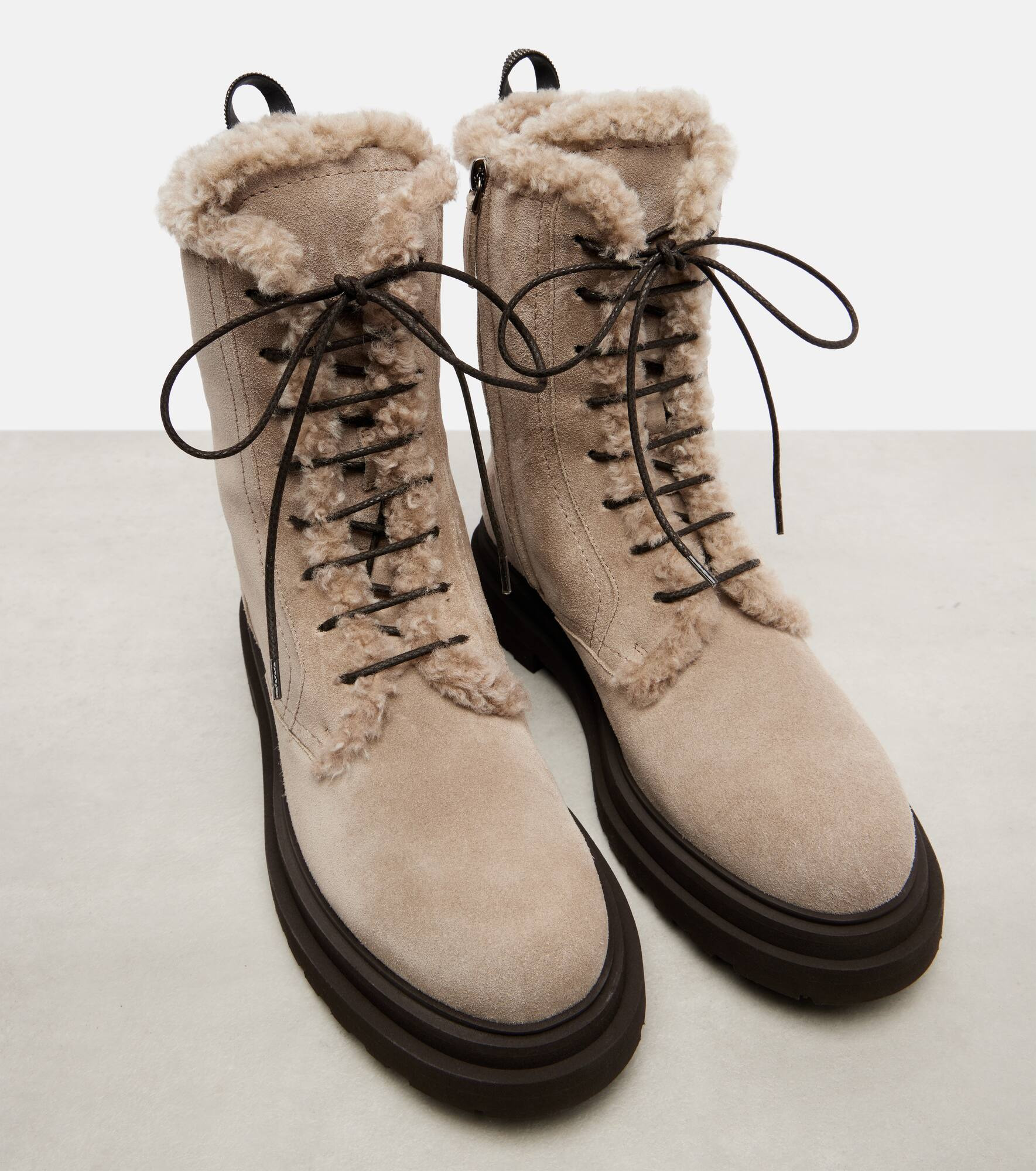 Shearling-trimmed suede combat boots - 5