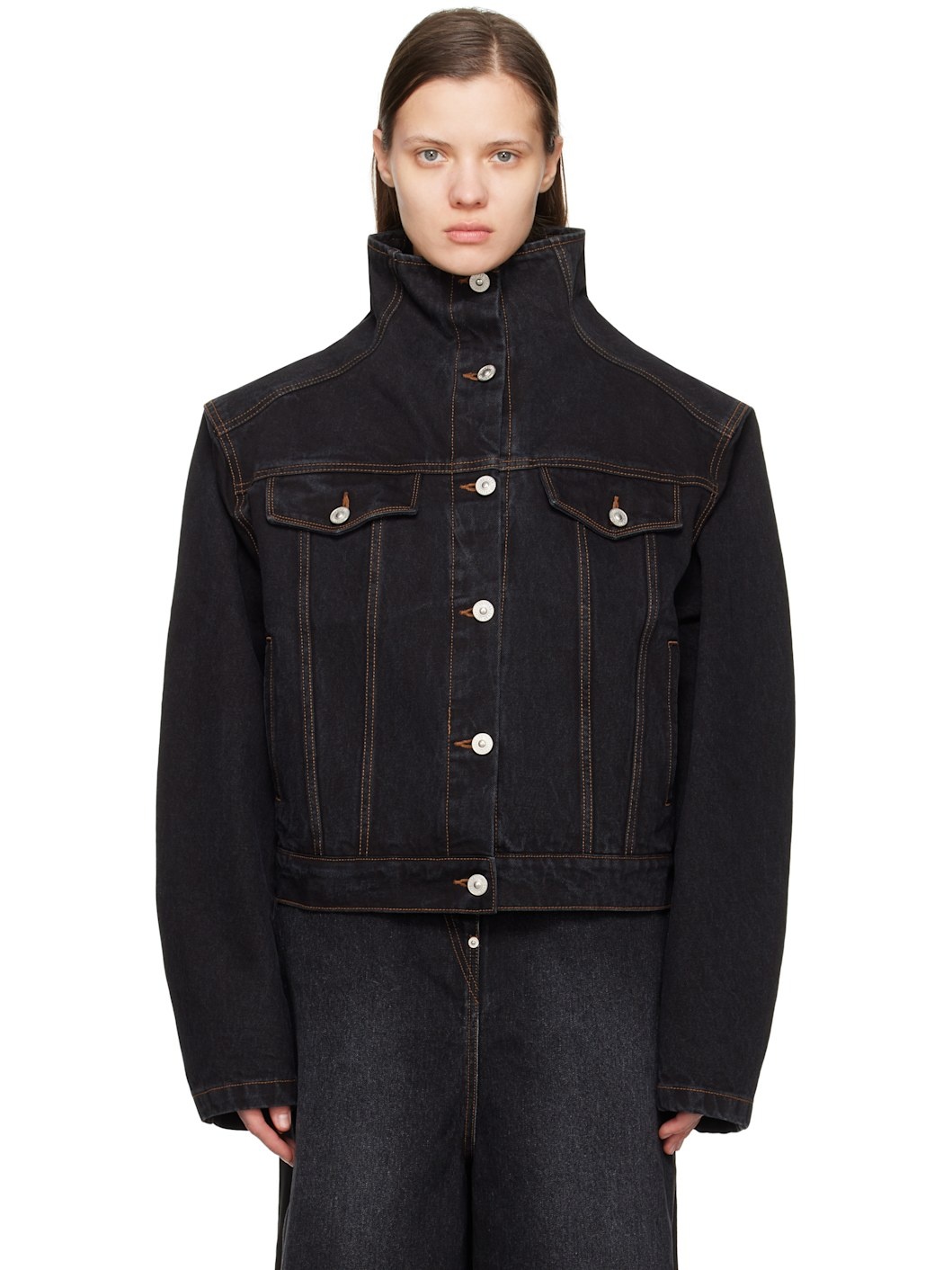 Black High Neck Denim Jacket - 1