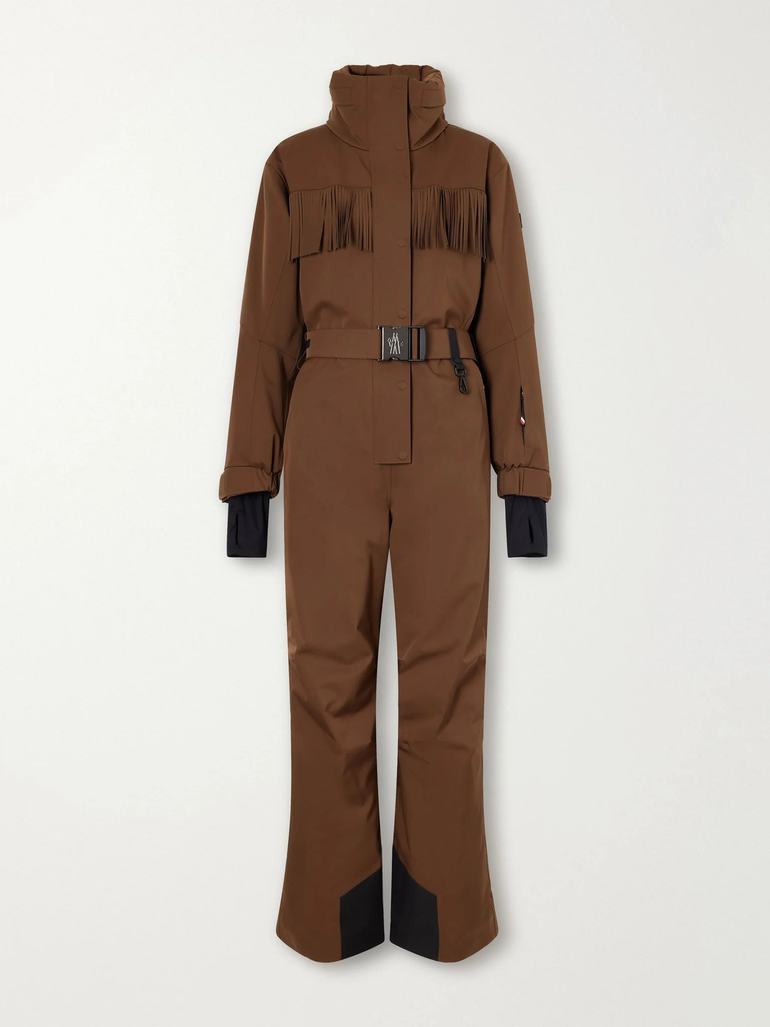 Fringe-trimmed belted tech-poplin ski jacket Brown - 1