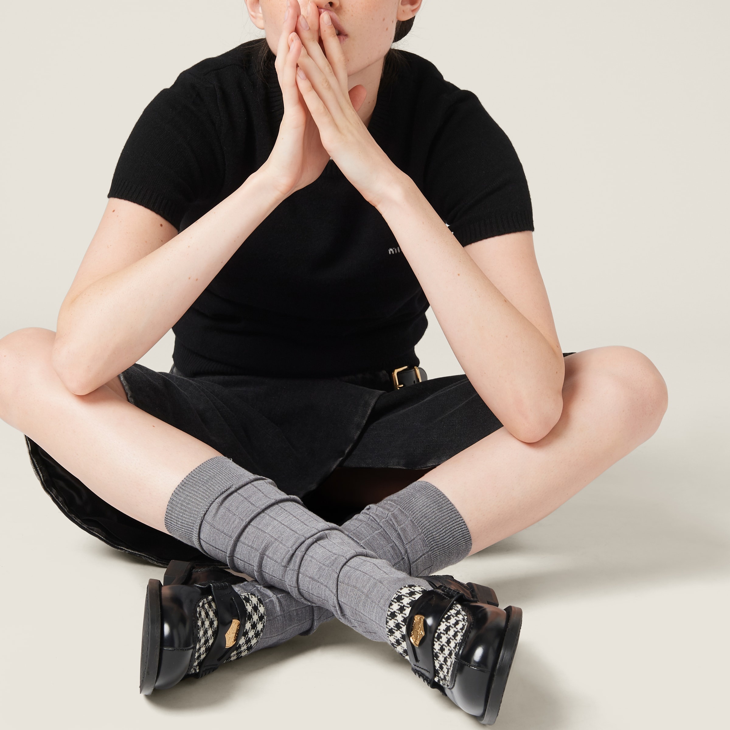 Miu Miu Brushed leather and gingham check fabric loafers