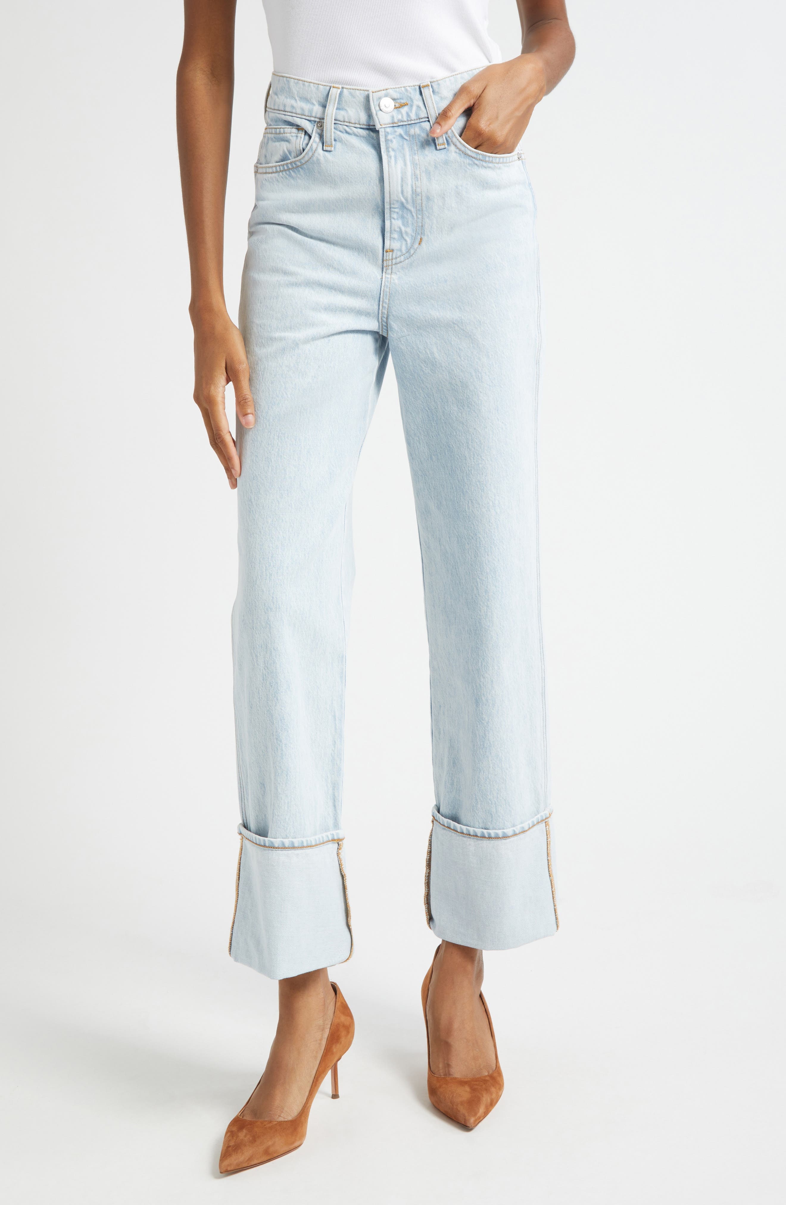 Veronica Beard Dylan Cuffed High Waist Relaxed Straight Leg Jeans in Pale Stone at Nordstrom - 1