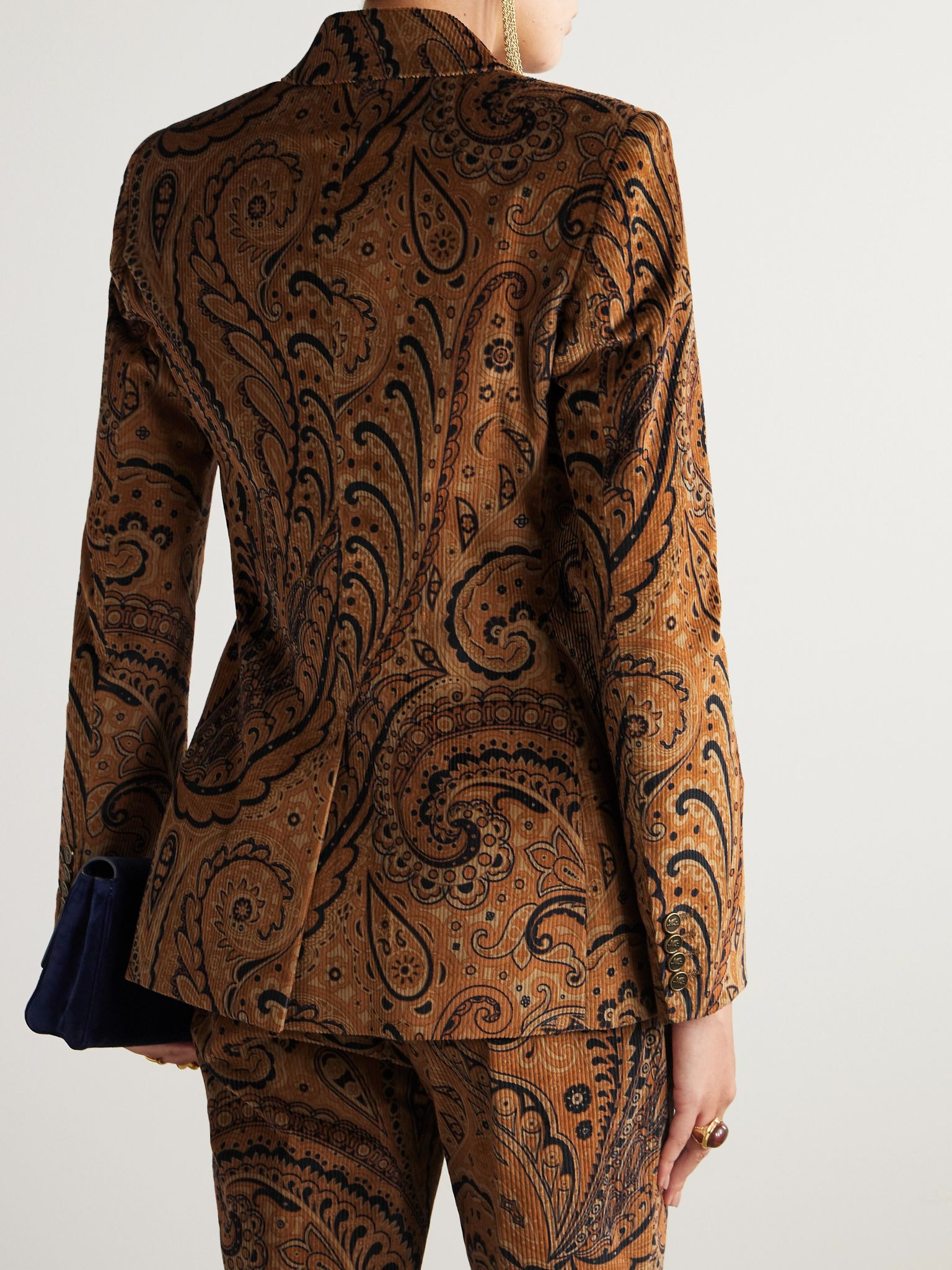 Double-breasted paisley-print cotton-blend corduroy blazer Brown - 4