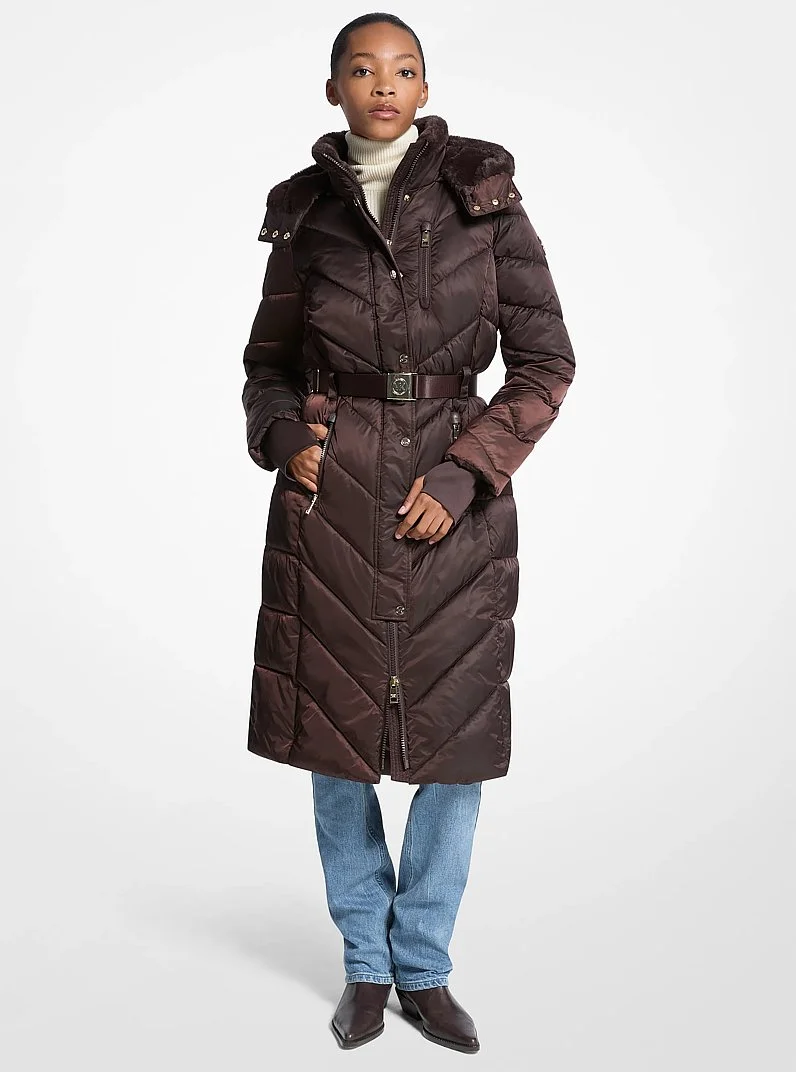 Faux Fur Trim Belted Puffer Coat - 1